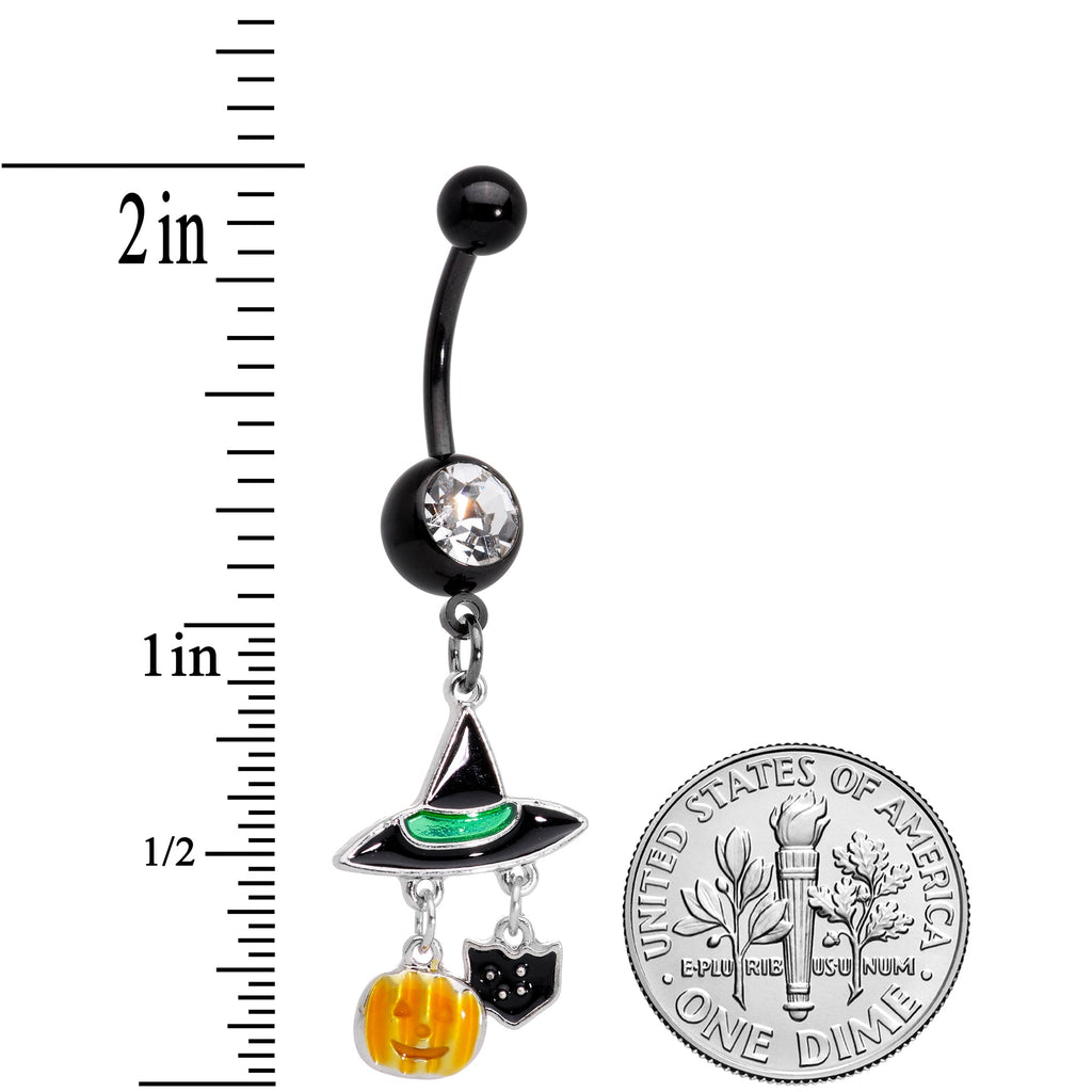 BodyCandy Clear Gem Black Cat Witch Hat Halloween Dangle Belly Ring — detail close-up