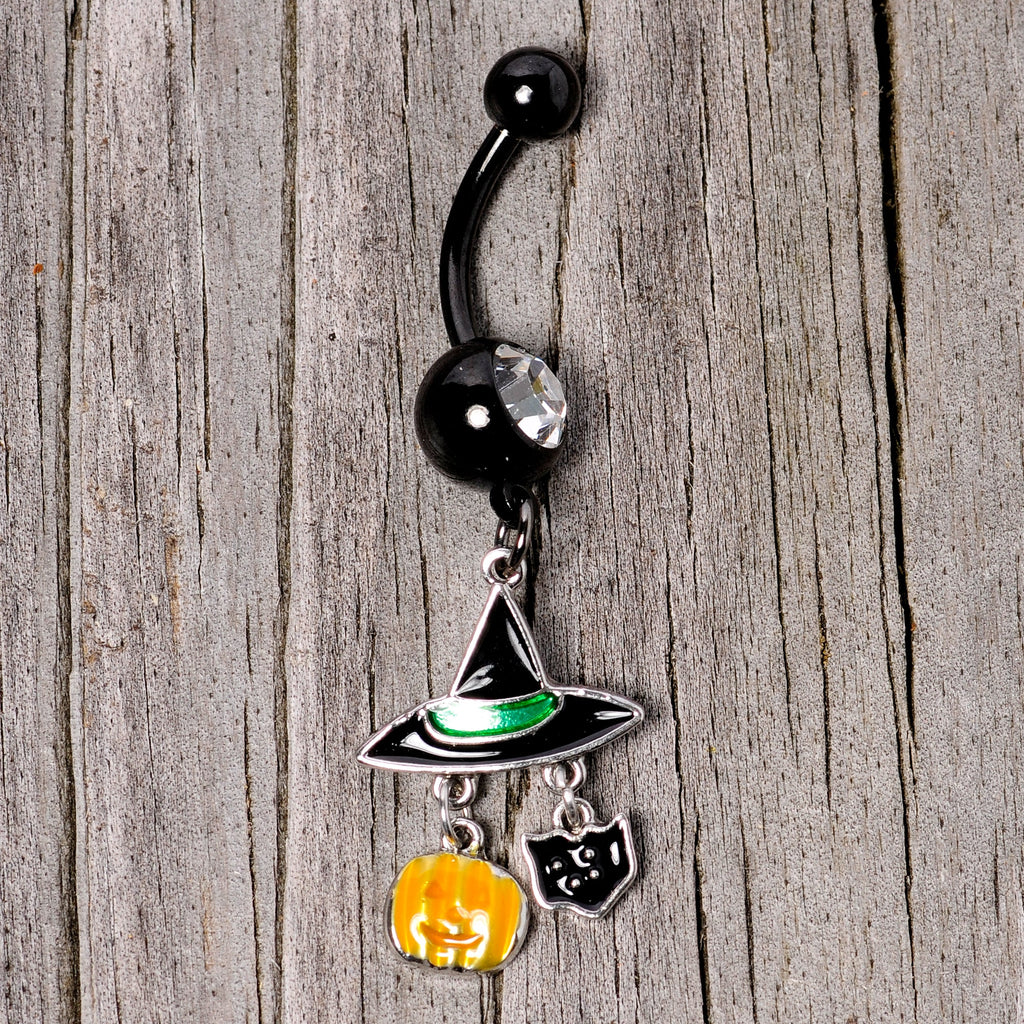BodyCandy Clear Gem Black Cat Witch Hat Halloween Dangle Belly Ring — lifestyle context
