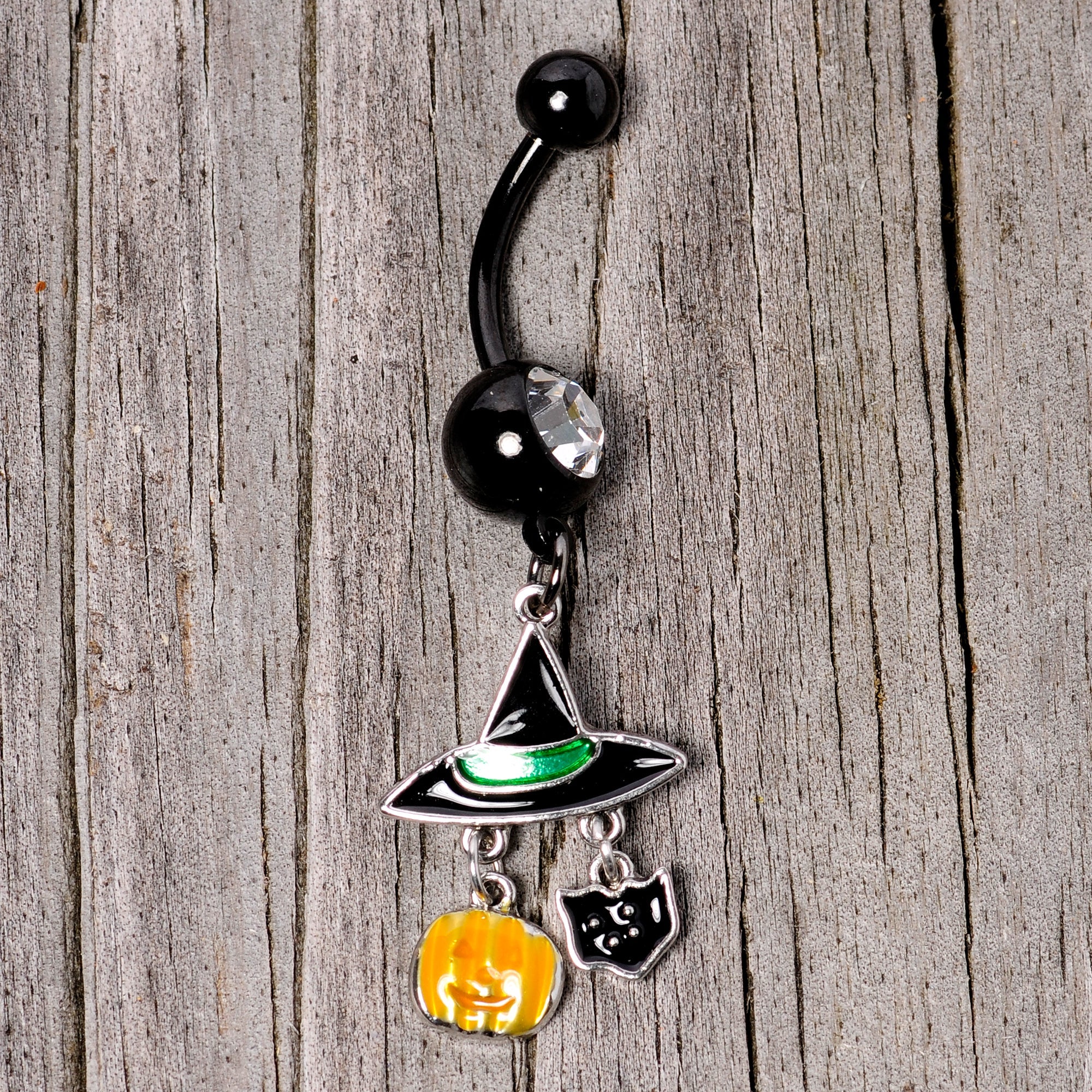 BodyCandy Clear Gem Black Cat Witch Hat Halloween Dangle Belly Ring — lifestyle context