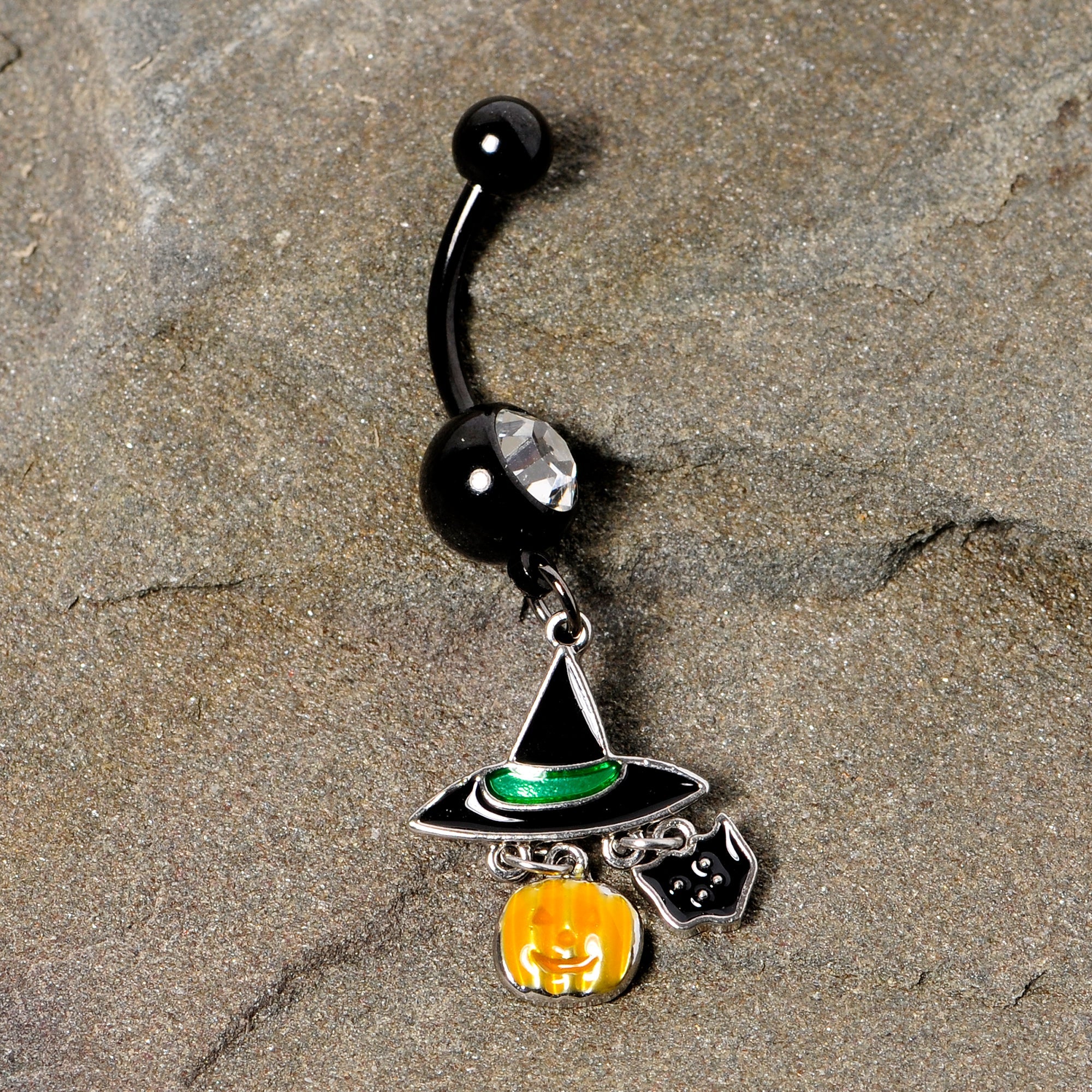BodyCandy Clear Gem Black Cat Witch Hat Halloween Dangle Belly Ring — side view