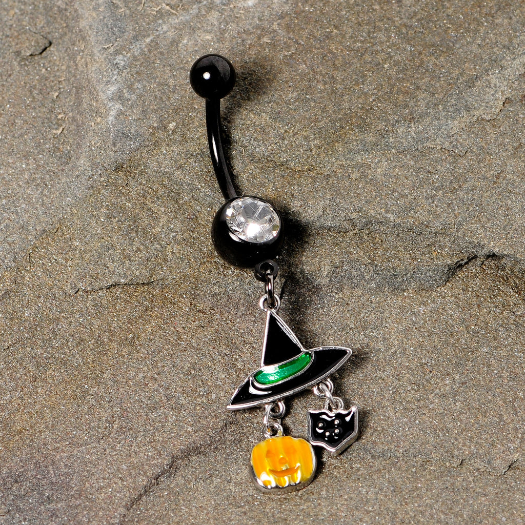 BodyCandy Clear Gem Black Cat Witch Hat Halloween Dangle Belly Ring — back view
