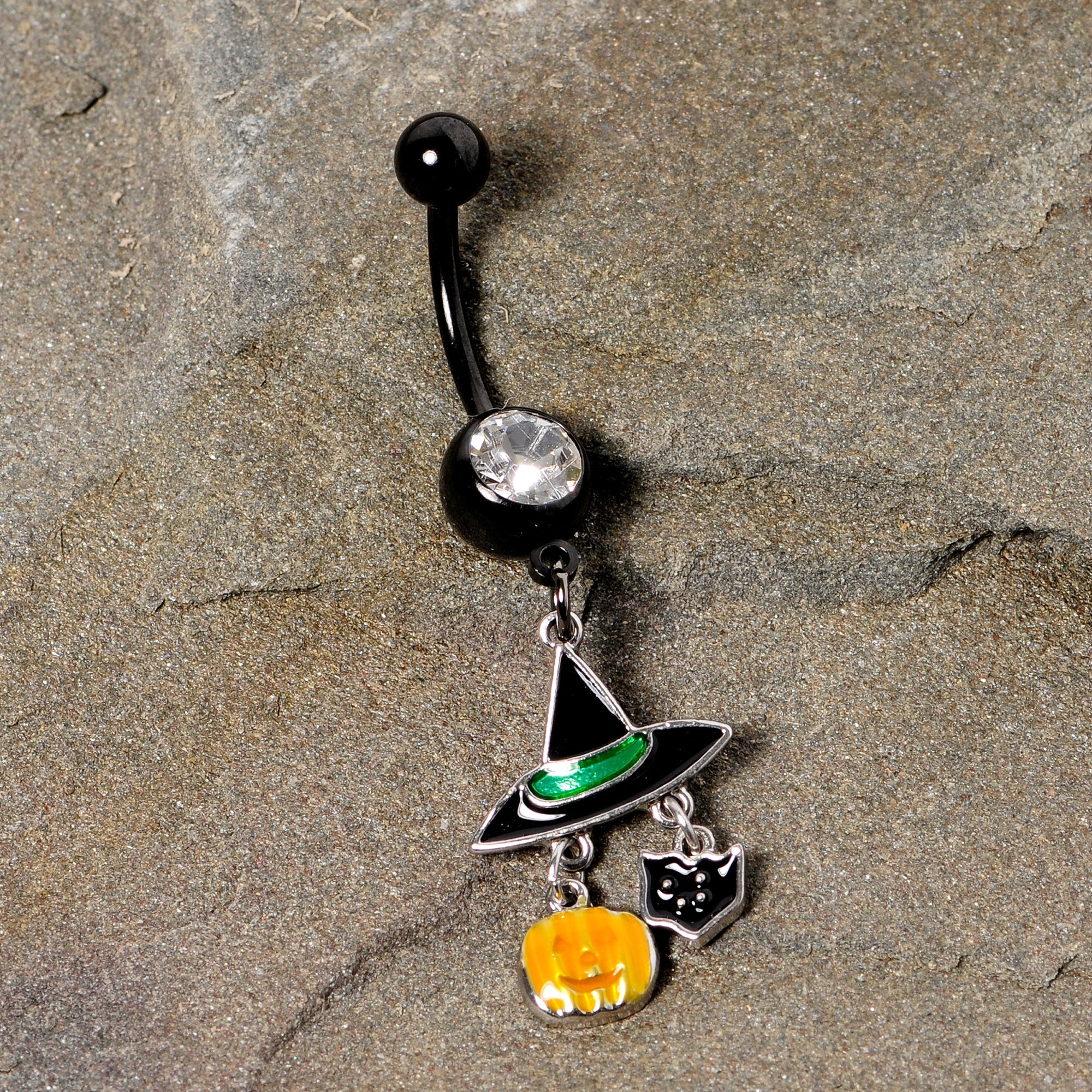 BodyCandy Clear Gem Black Cat Witch Hat Halloween Dangle Belly Ring — back view