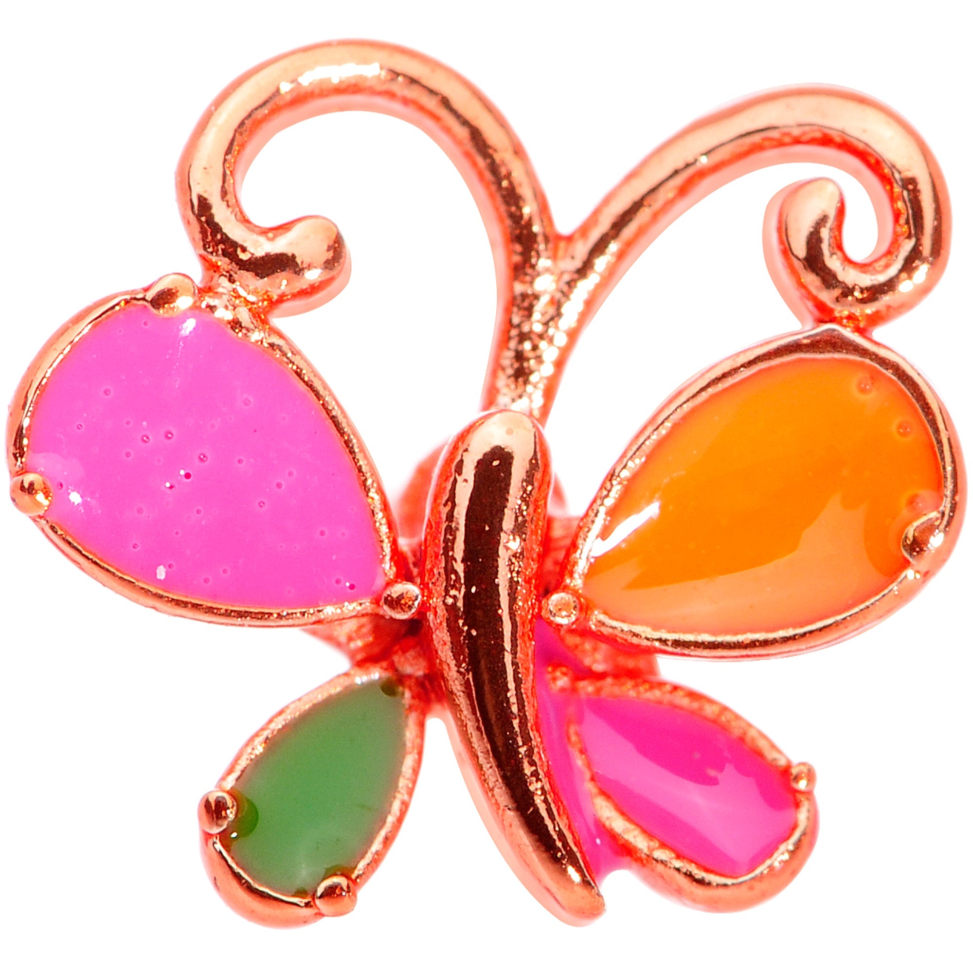 BodyCandy 18G 1/4 Pink Orange Rose Gold Tone Butterfly L Shaped Nose Ring — detail close-up