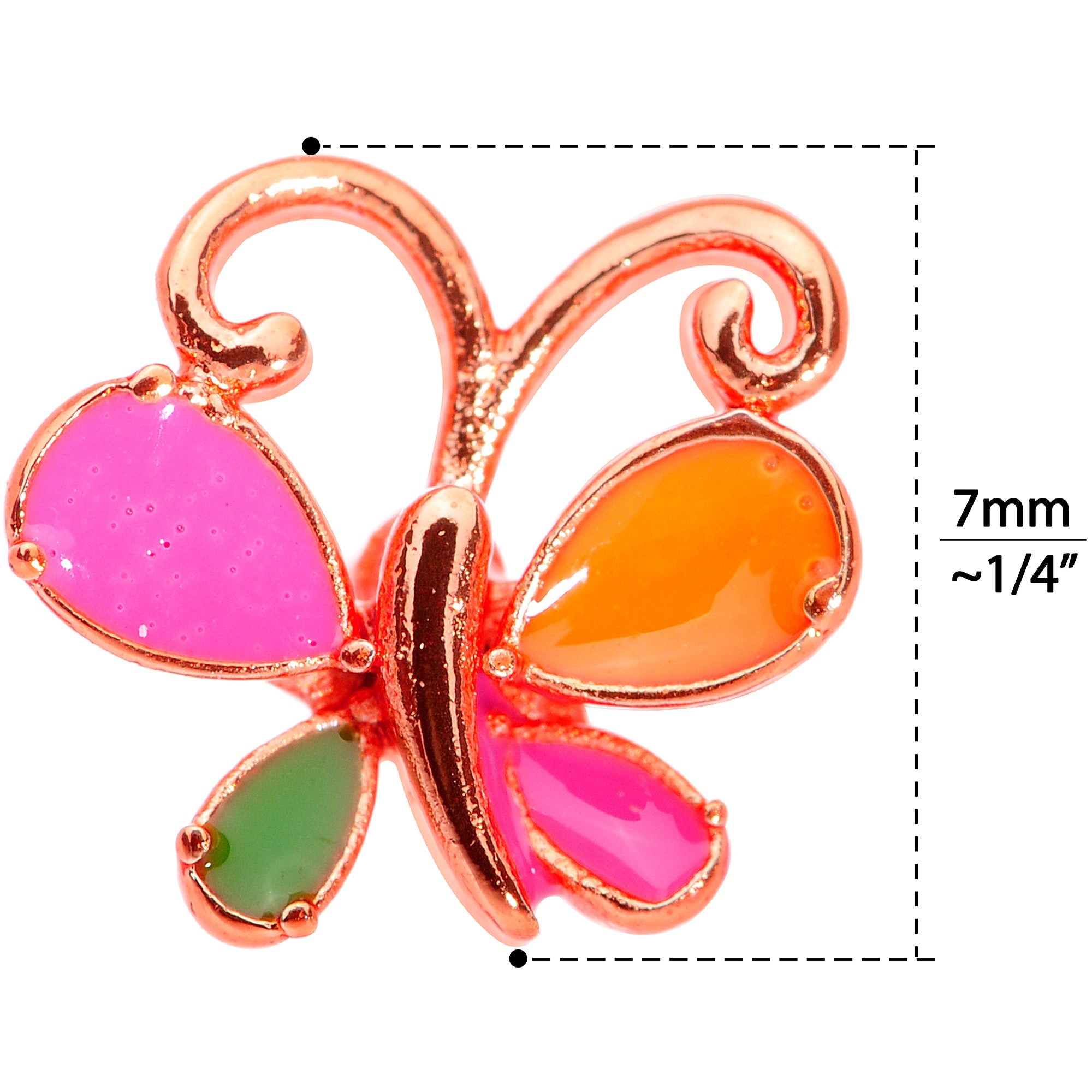 BodyCandy 18G 1/4 Pink Orange Rose Gold Tone Butterfly L Shaped Nose Ring — back view
