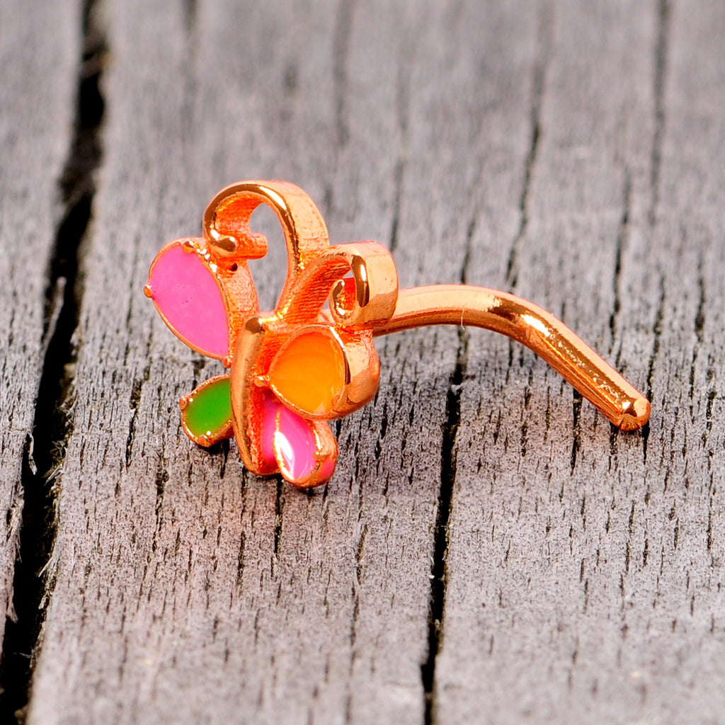 BodyCandy 18G 1/4 Pink Orange Rose Gold Tone Butterfly L Shaped Nose Ring — in-use photo