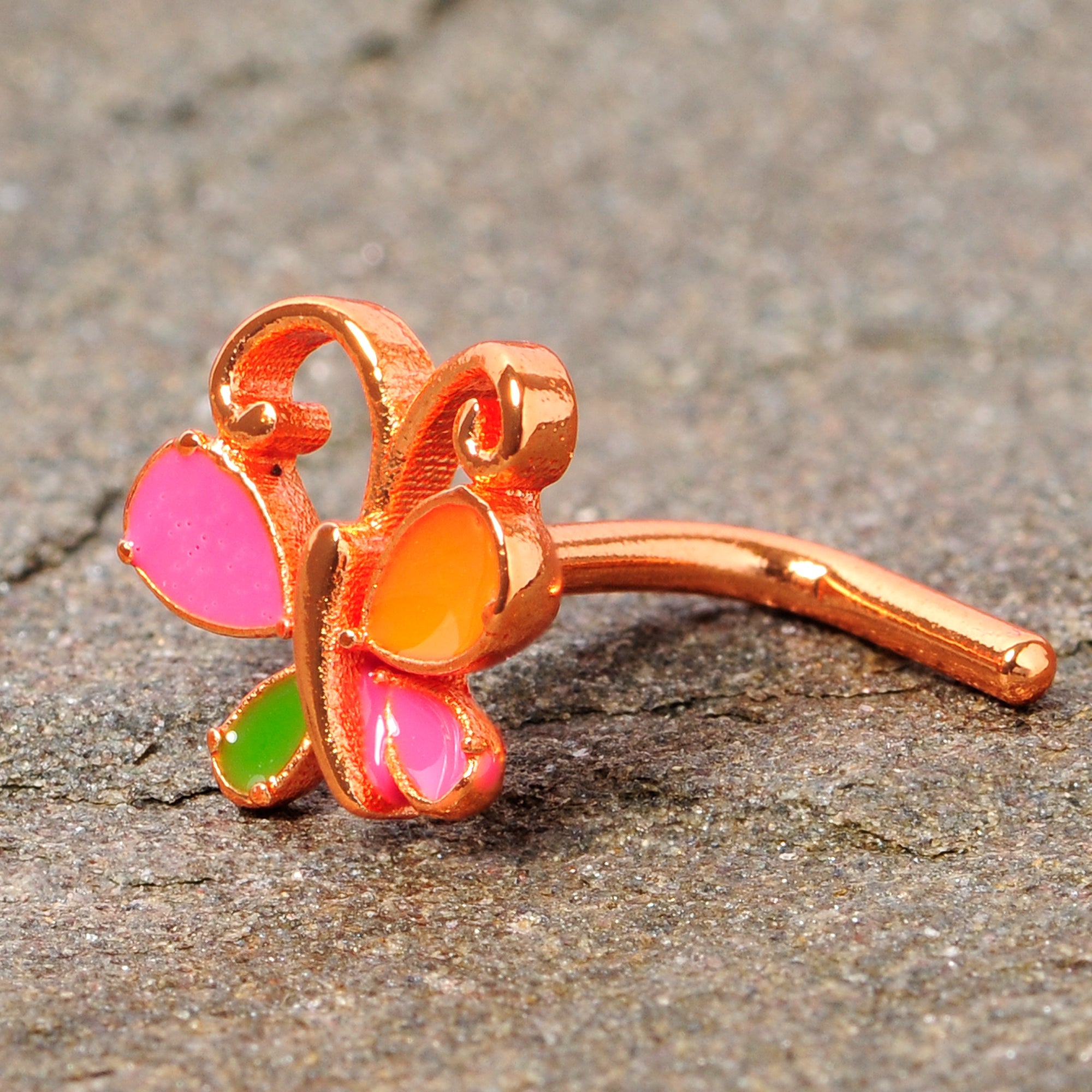 BodyCandy 18G 1/4 Pink Orange Rose Gold Tone Butterfly L Shaped Nose Ring — size reference