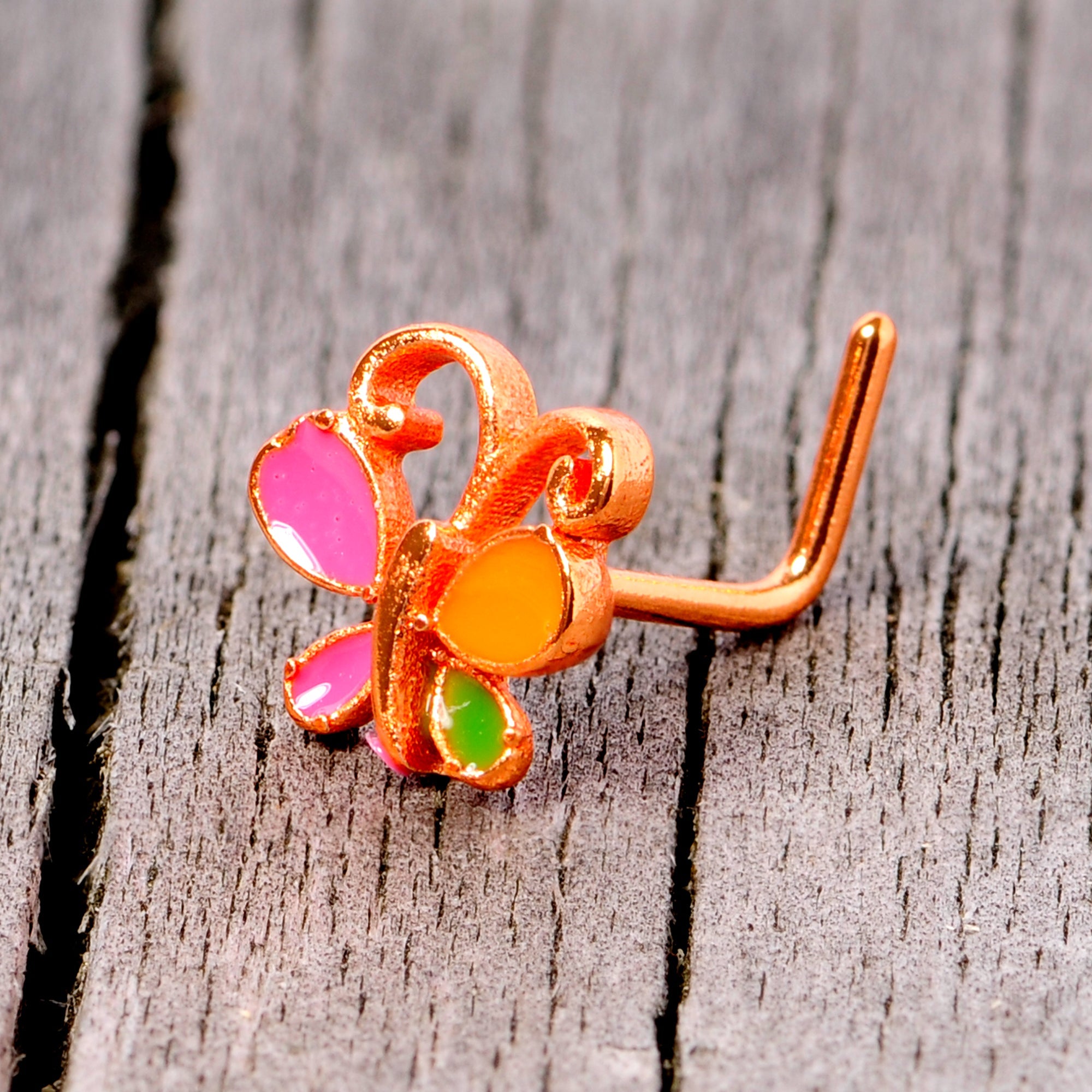 BodyCandy 20G 1/4 Pink Orange Rose Gold Tone Butterfly L Shaped Nose Ring — in-use photo