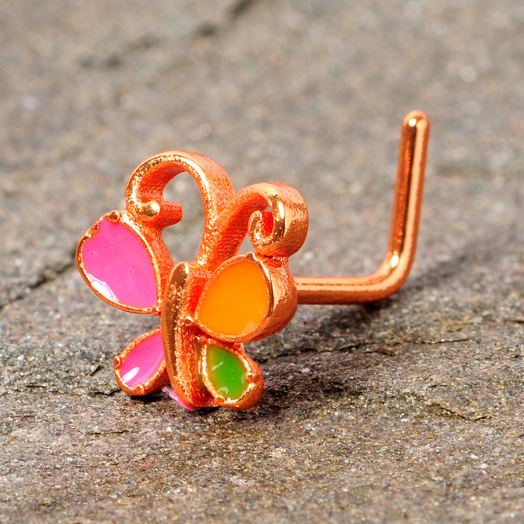 BodyCandy 20G 1/4 Pink Orange Rose Gold Tone Butterfly L Shaped Nose Ring — size reference
