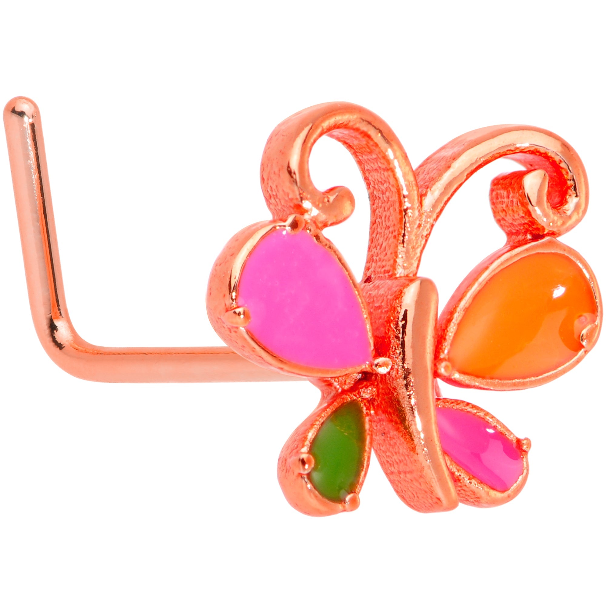 BodyCandy 22G 1/4 Pink Orange Rose Gold Tone Butterfly L Shaped Nose Ring — main product shot