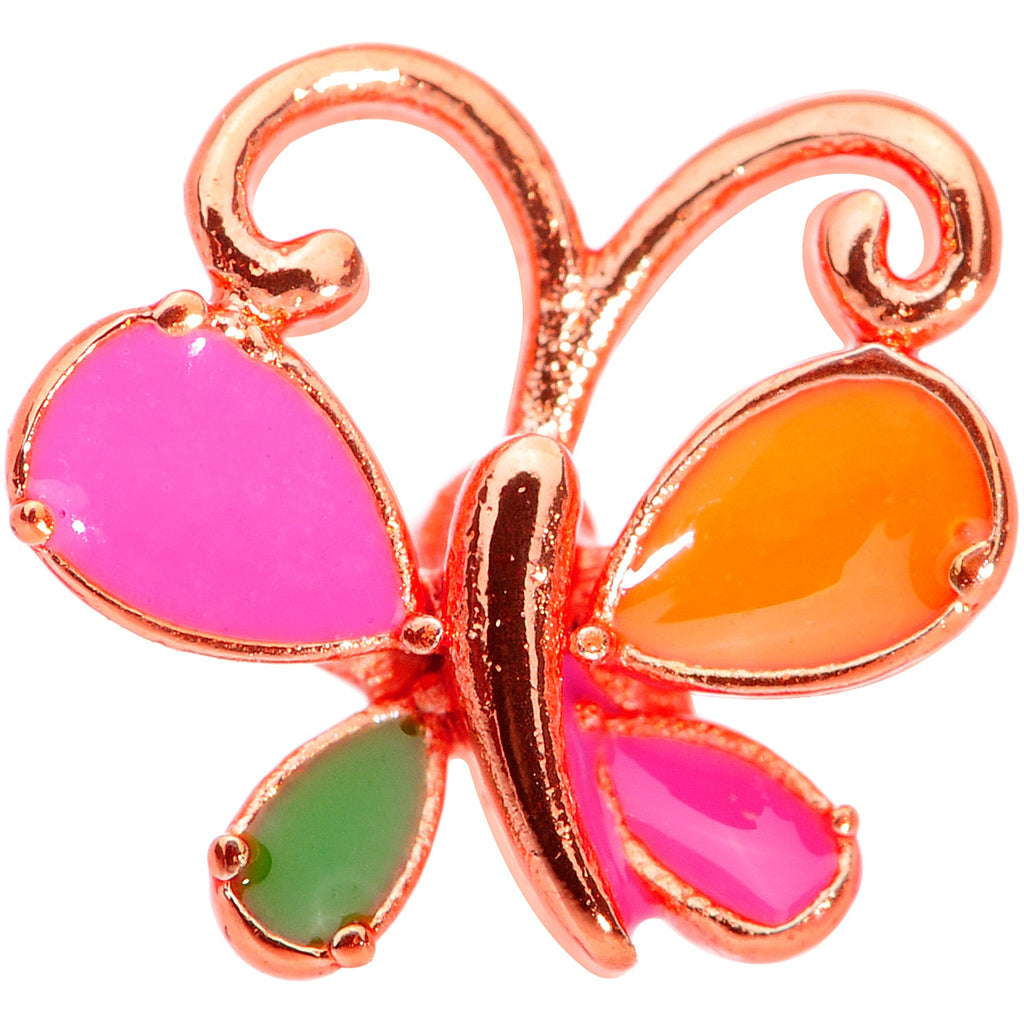 BodyCandy 22G 1/4 Pink Orange Rose Gold Tone Butterfly L Shaped Nose Ring — detail close-up