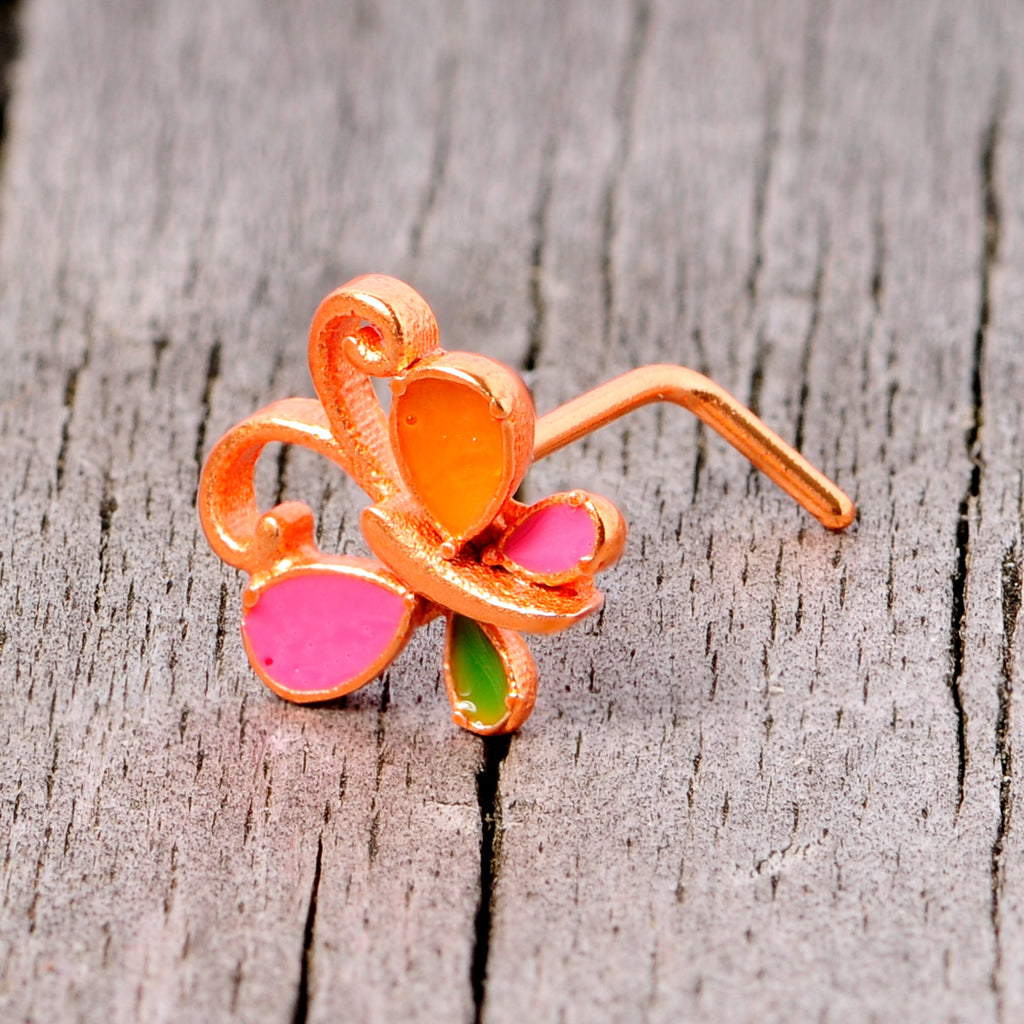 BodyCandy 22G 1/4 Pink Orange Rose Gold Tone Butterfly L Shaped Nose Ring — in-use photo