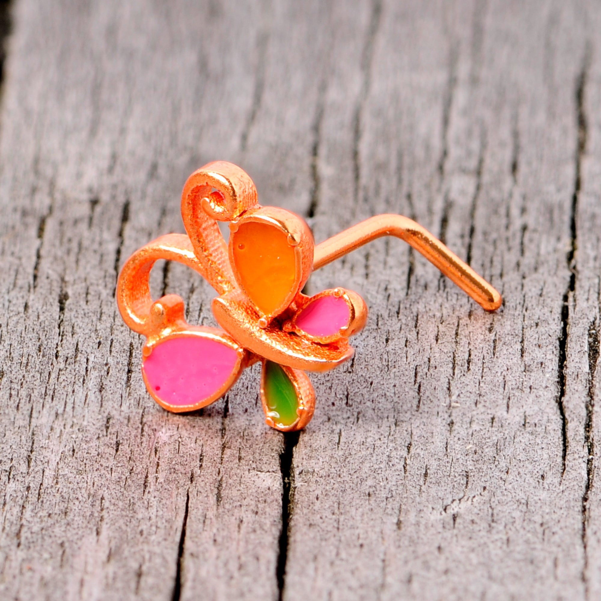 BodyCandy 22G 1/4 Pink Orange Rose Gold Tone Butterfly L Shaped Nose Ring — in-use photo