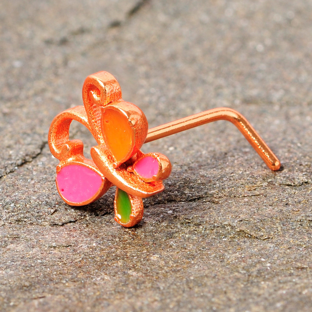 BodyCandy 22G 1/4 Pink Orange Rose Gold Tone Butterfly L Shaped Nose Ring — size reference