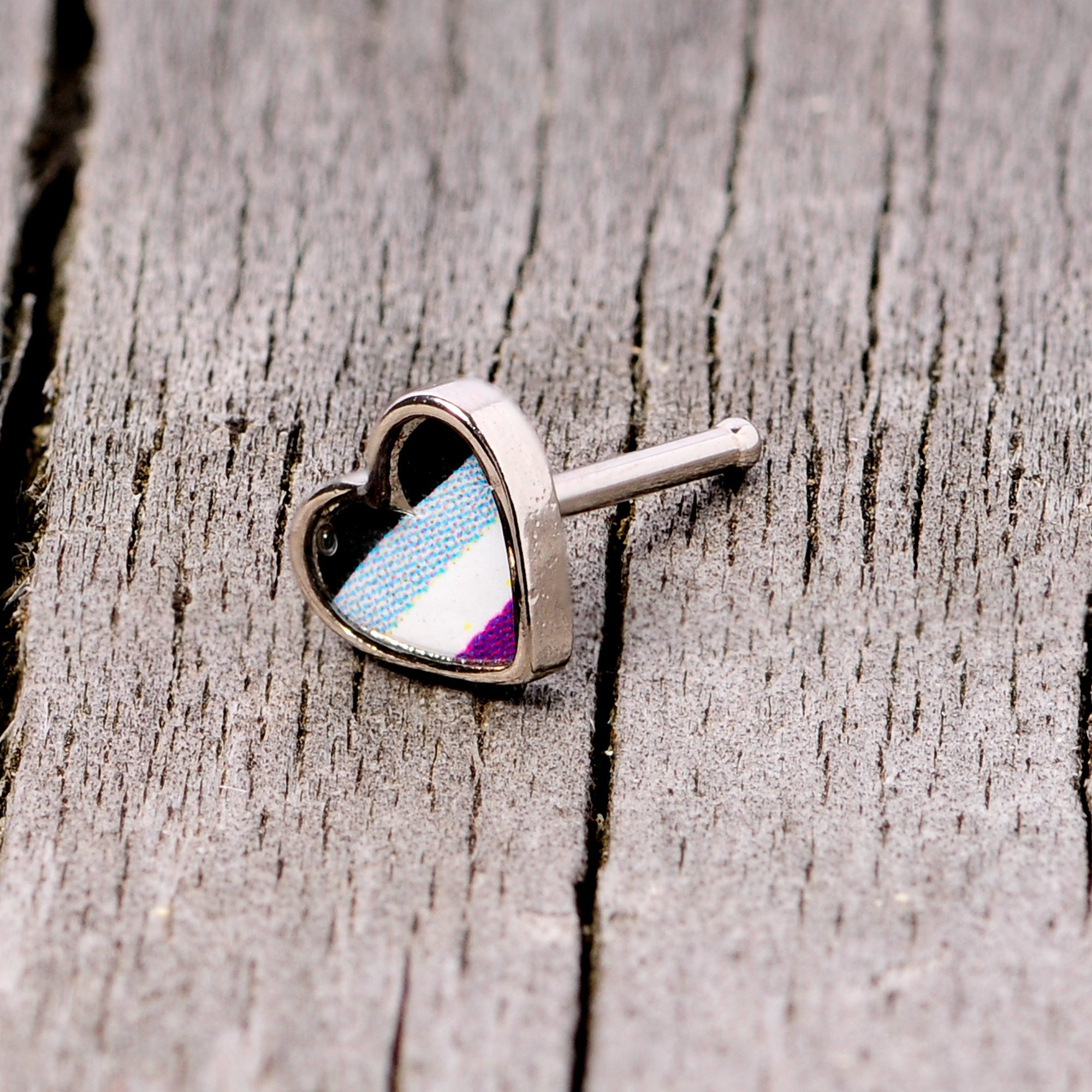 BodyCandy 20G 3/8 Black Grey Purple Asexual Pride Heart Nose Bone — in-use photo