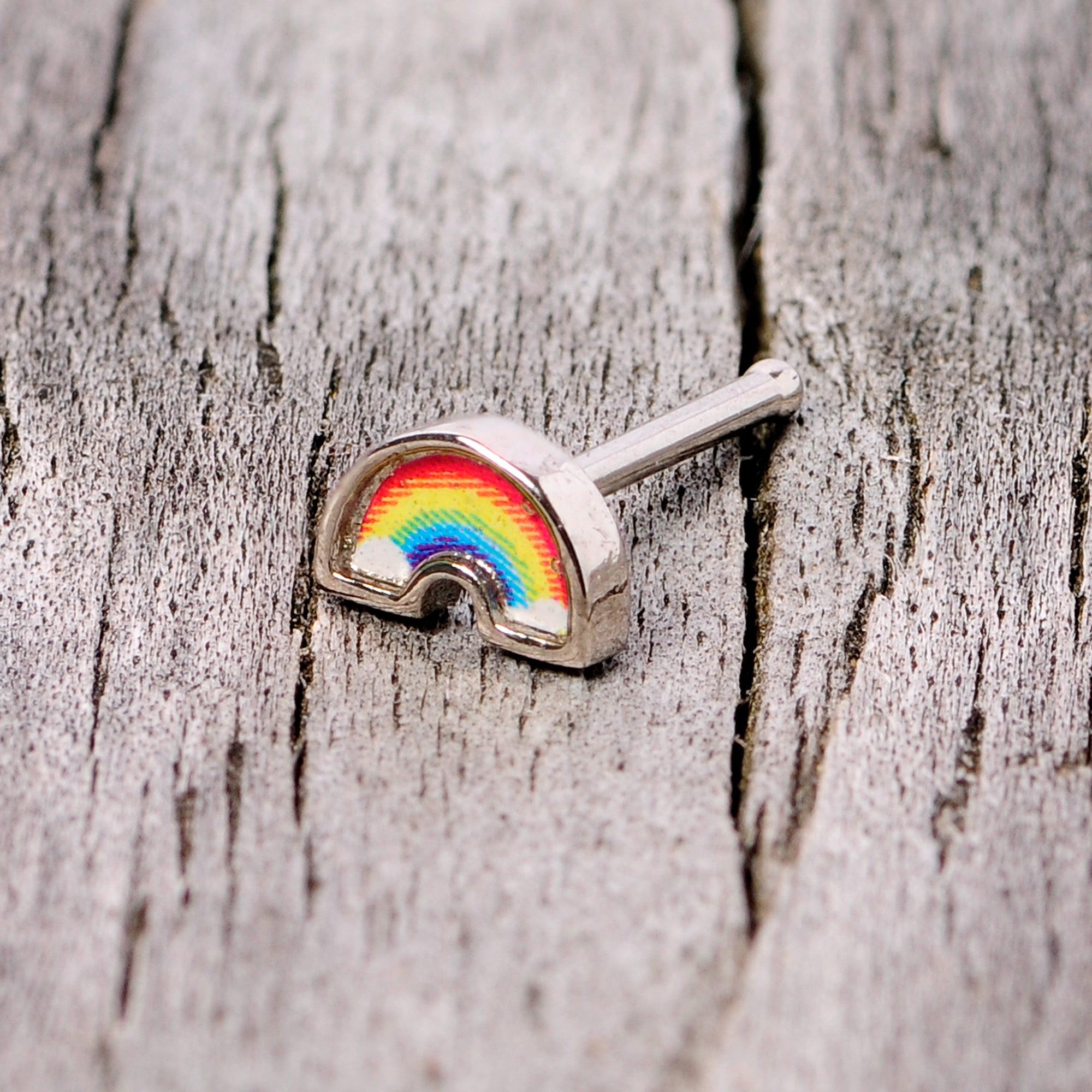 BodyCandy 20G 5/16 Red Yellow Blue Pride Rainbow Nose Bone — in-use photo