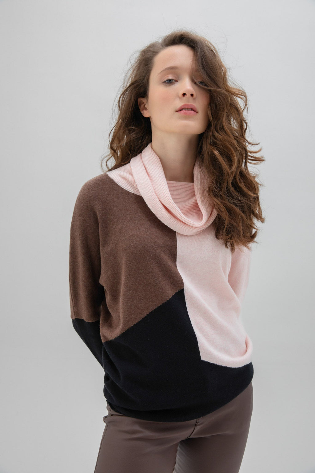KADOU BOUTIQUE Cowl Neck Color Block Sweater — lifestyle context