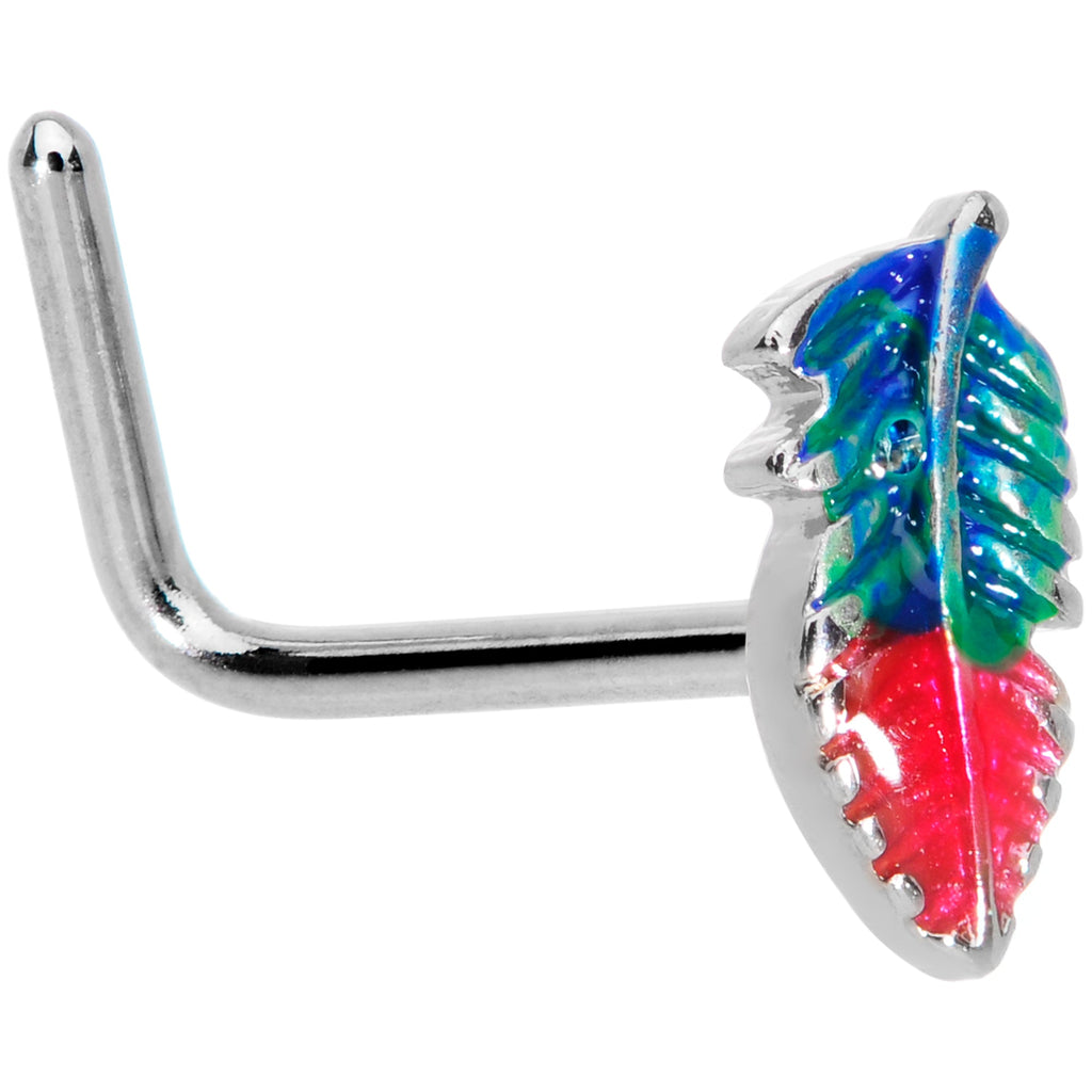 BodyCandy 20G 1/4 Blue Green Red Feather L Shaped Nose Ring — main product shot