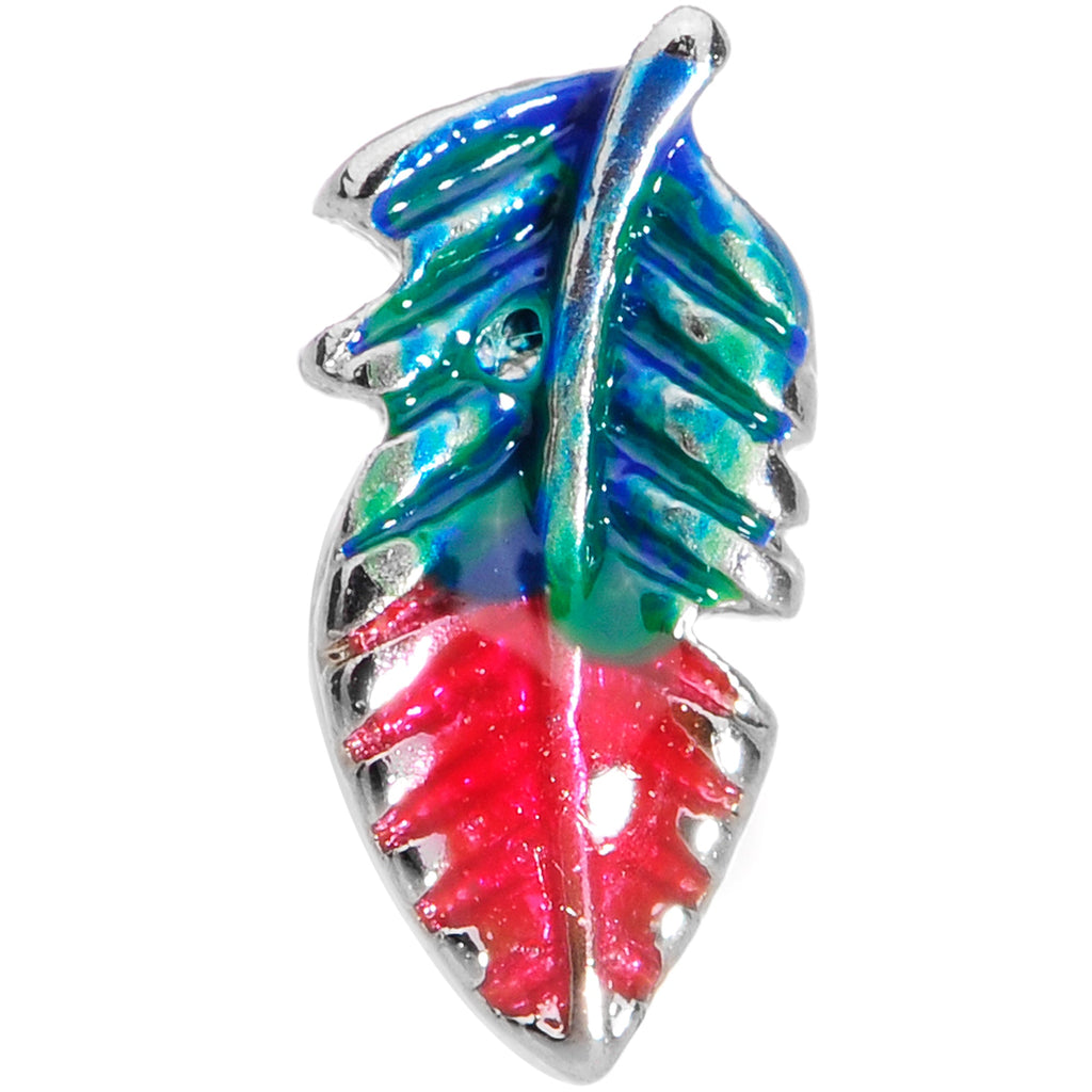 BodyCandy 20G 1/4 Blue Green Red Feather L Shaped Nose Ring — detail close-up