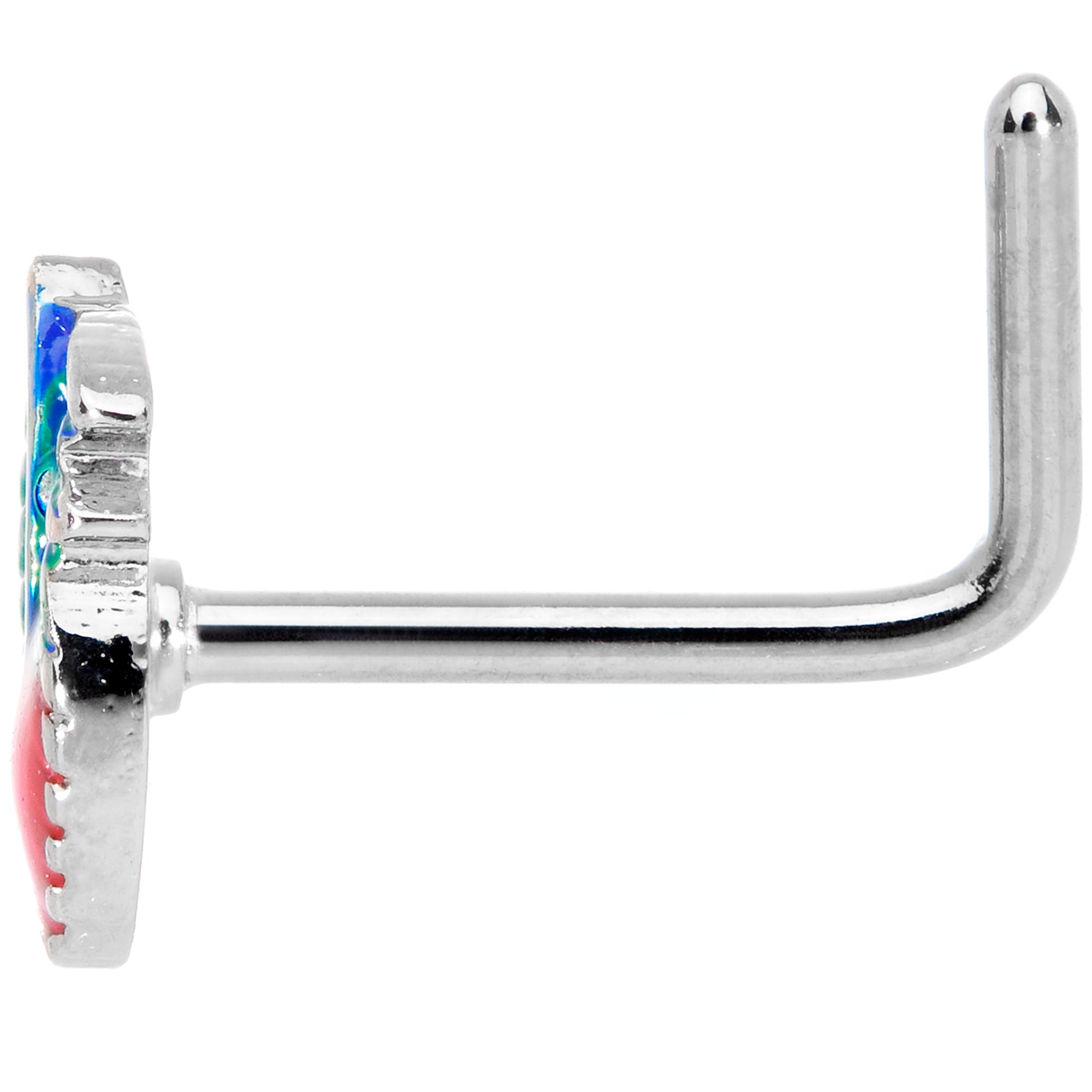 BodyCandy 20G 1/4 Blue Green Red Feather L Shaped Nose Ring — lifestyle context