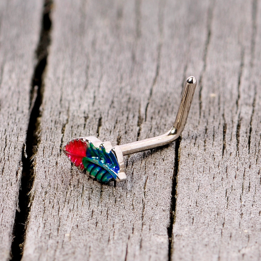 BodyCandy 20G 1/4 Blue Green Red Feather L Shaped Nose Ring — in-use photo