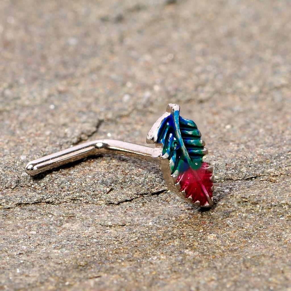 BodyCandy 20G 1/4 Blue Green Red Feather L Shaped Nose Ring — size reference