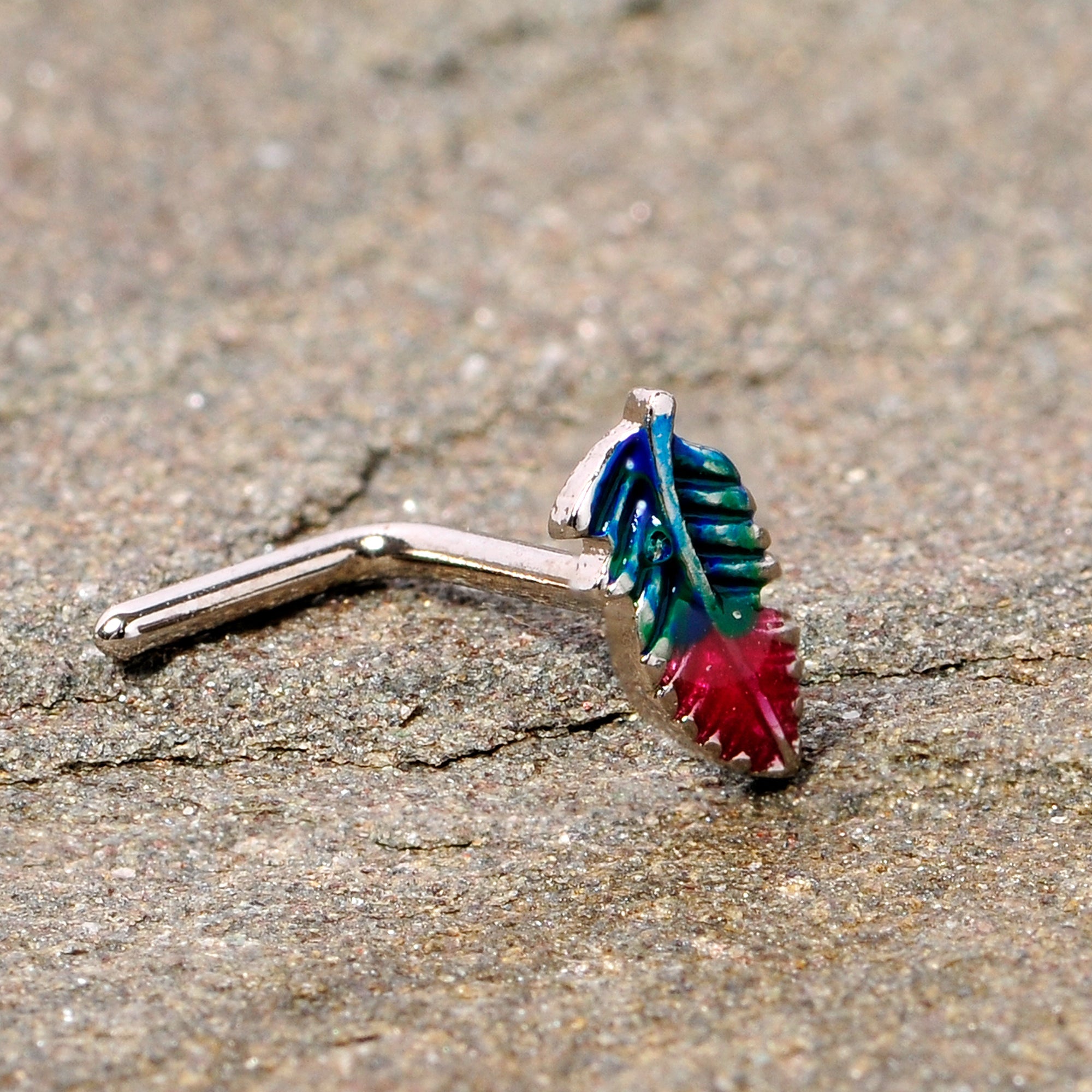 BodyCandy 20G 1/4 Blue Green Red Feather L Shaped Nose Ring — size reference