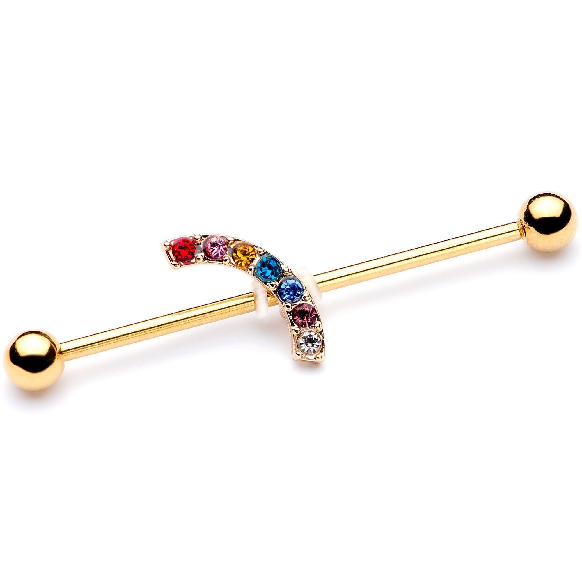 BodyCandy 14G Red Blue Gem Gold Tone Rainbow Arc Industrial Barbell 38mm — main product shot