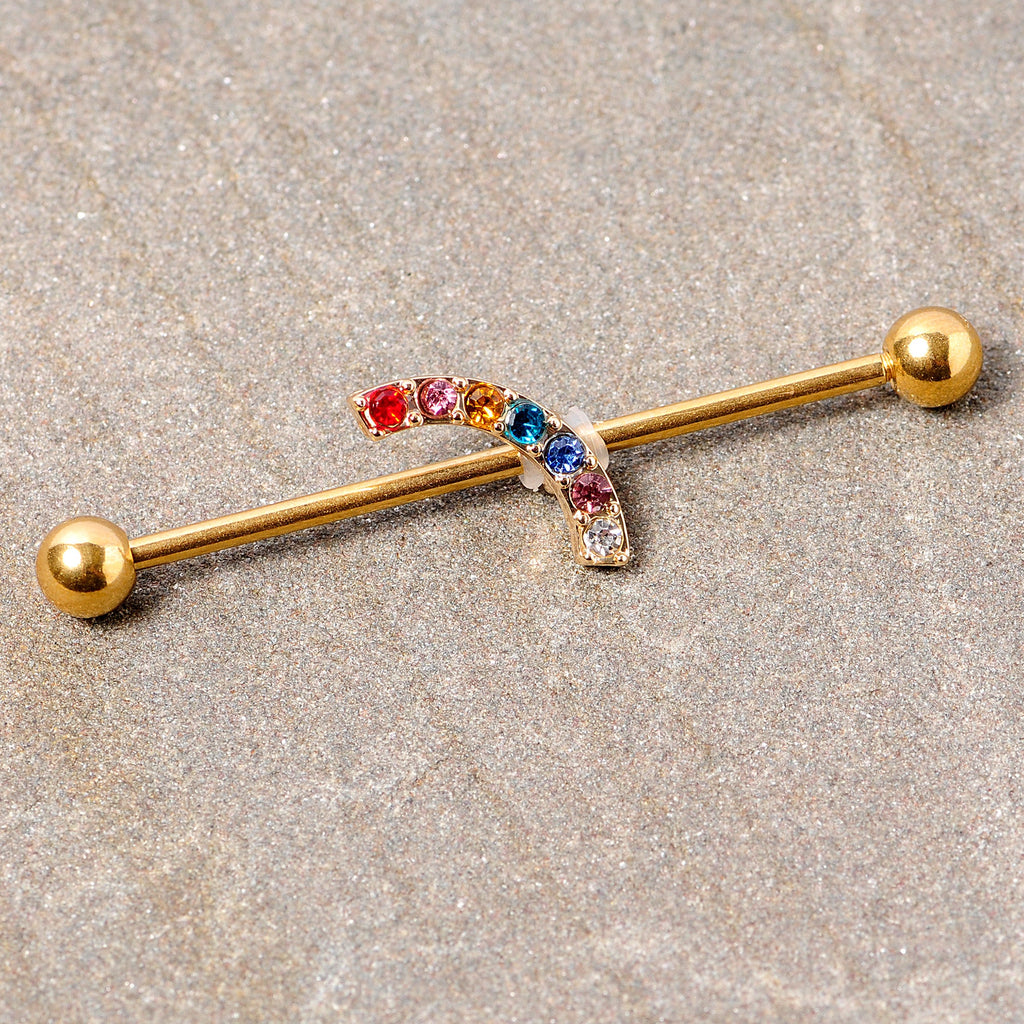 BodyCandy 14G Red Blue Gem Gold Tone Rainbow Arc Industrial Barbell 38mm — detail close-up