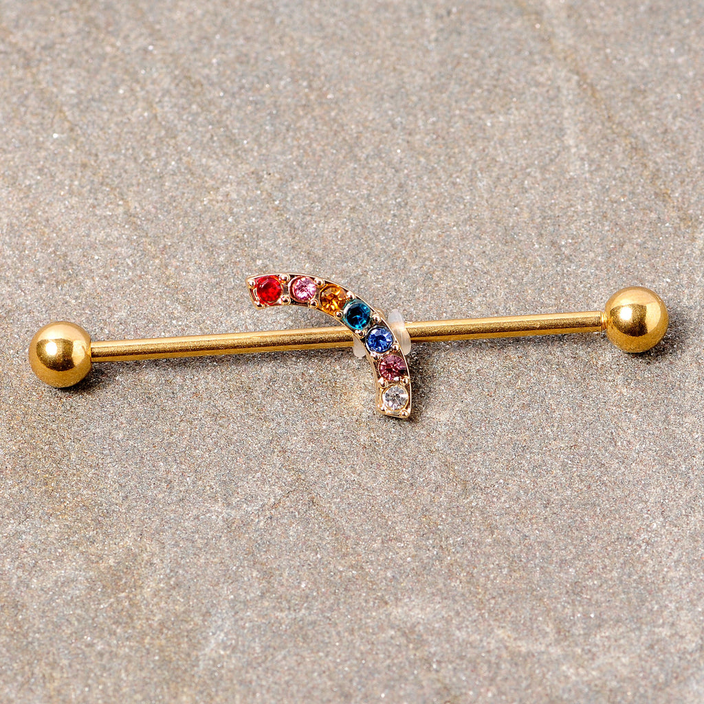 BodyCandy 14G Red Blue Gem Gold Tone Rainbow Arc Industrial Barbell 38mm — lifestyle context