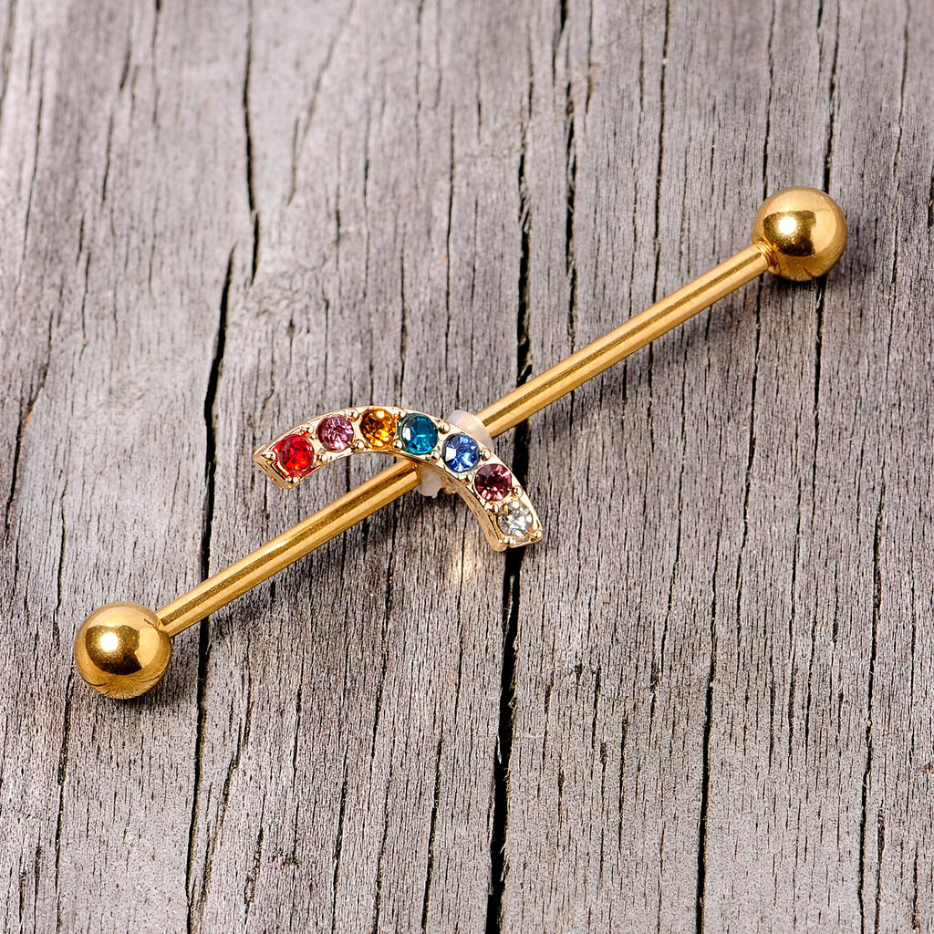 BodyCandy 14G Red Blue Gem Gold Tone Rainbow Arc Industrial Barbell 38mm — side view