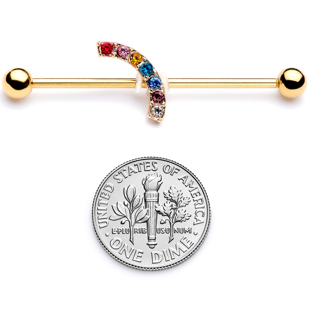 BodyCandy 14G Red Blue Gem Gold Tone Rainbow Arc Industrial Barbell 38mm — back view