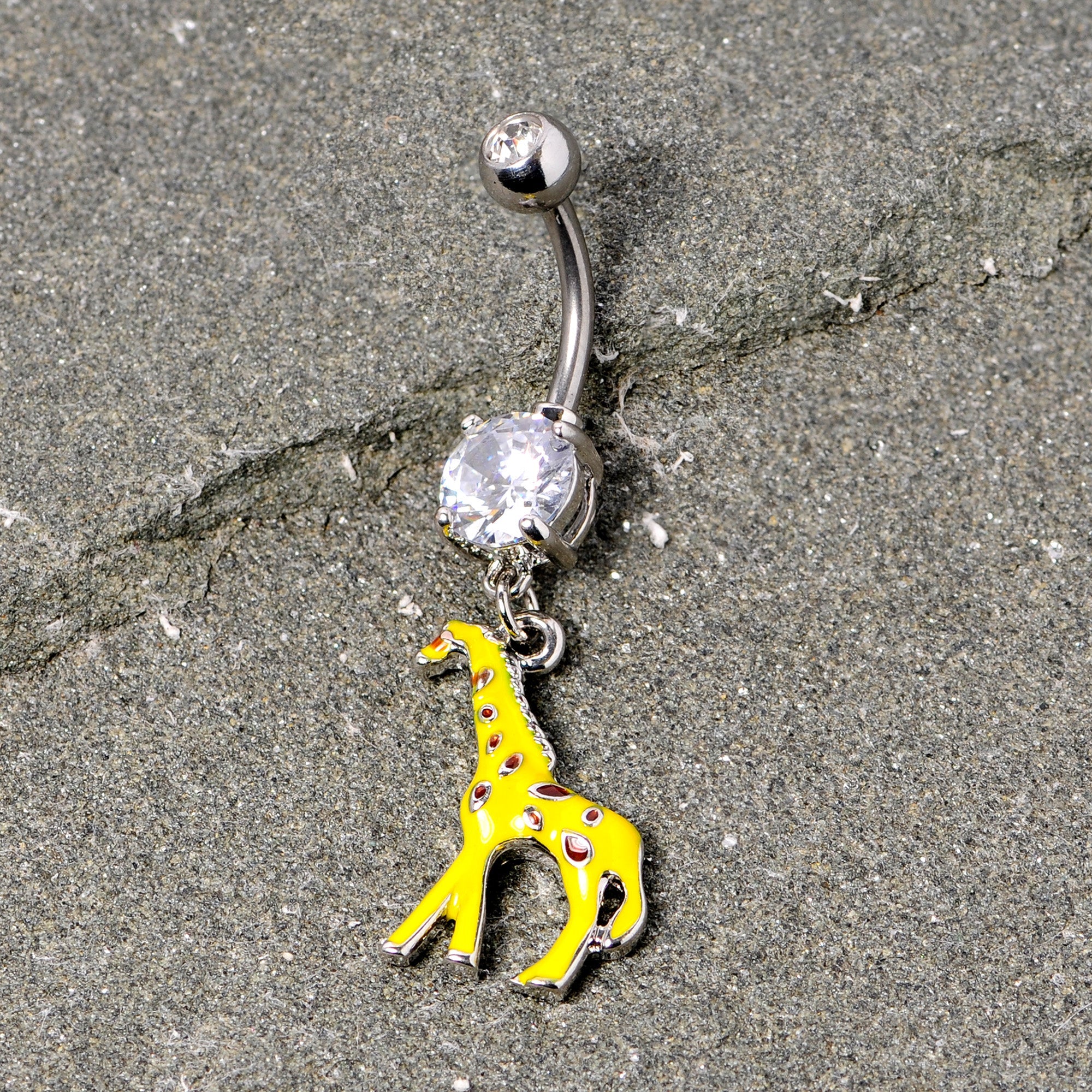 BodyCandy Clear Gem Yellow Brown Giraffe Dangle Belly Ring — lifestyle context