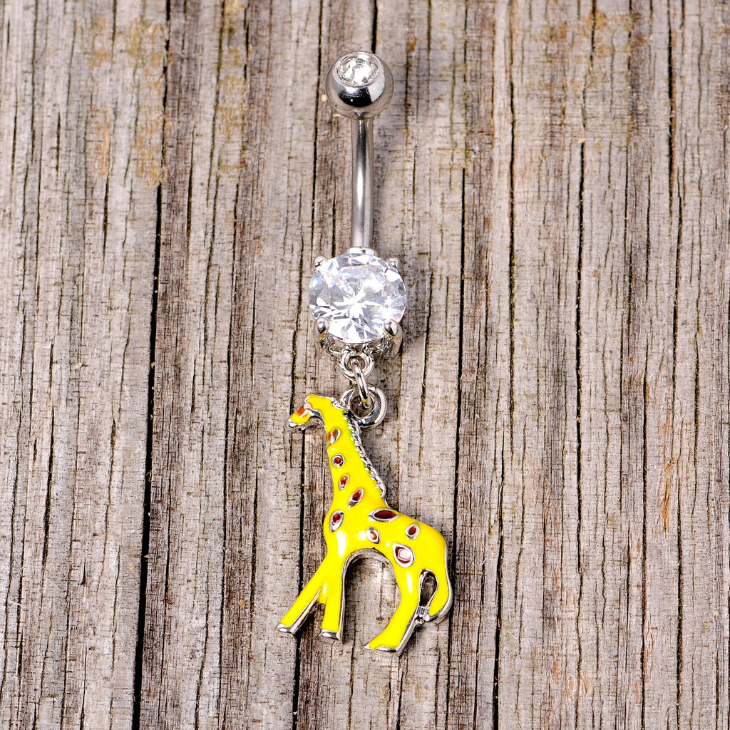 BodyCandy Clear Gem Yellow Brown Giraffe Dangle Belly Ring — side view