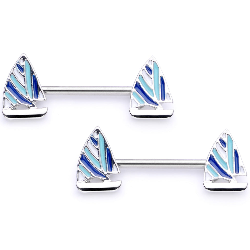 BodyCandy 14G 9/16 Blue White Nautical Sailboat Barbell Nipple Ring Set — main product shot