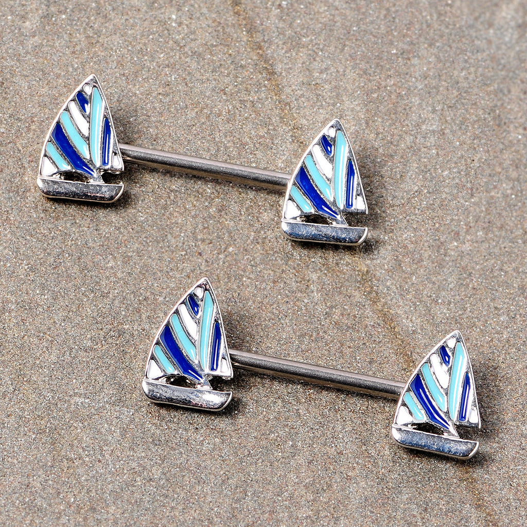 BodyCandy 14G 9/16 Blue White Nautical Sailboat Barbell Nipple Ring Set — detail close-up