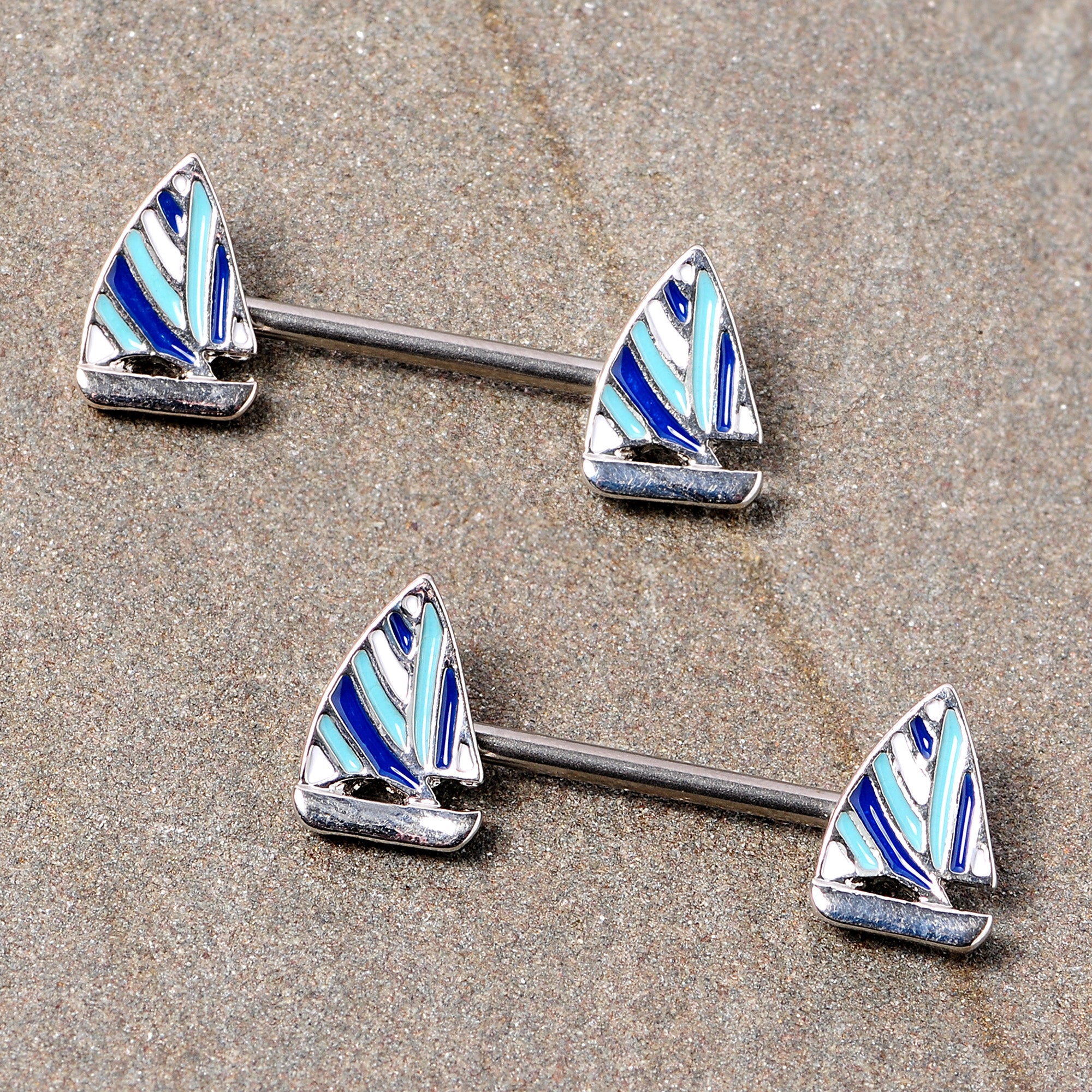 BodyCandy 14G 9/16 Blue White Nautical Sailboat Barbell Nipple Ring Set — detail close-up