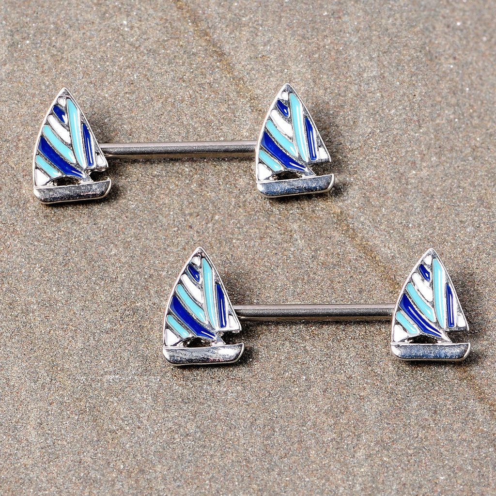 BodyCandy 14G 9/16 Blue White Nautical Sailboat Barbell Nipple Ring Set — lifestyle context