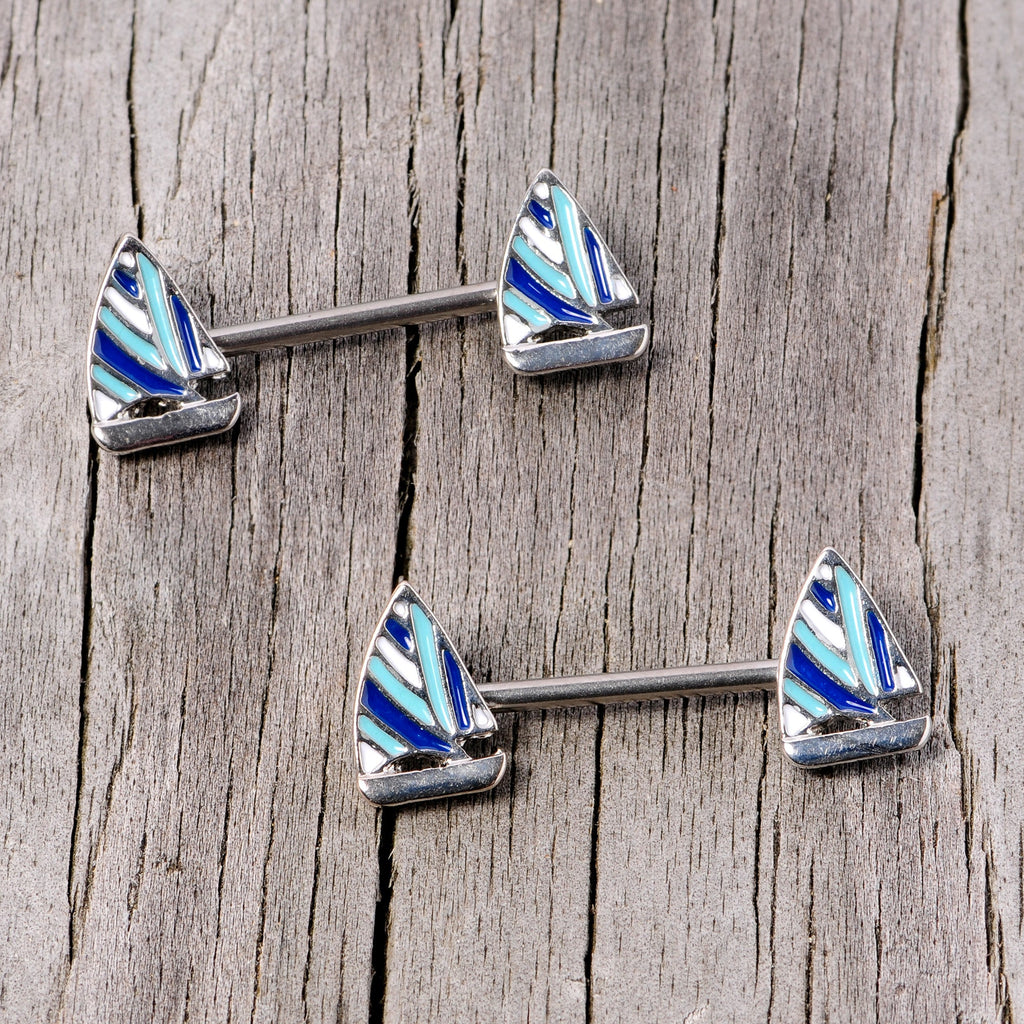 BodyCandy 14G 9/16 Blue White Nautical Sailboat Barbell Nipple Ring Set — side view
