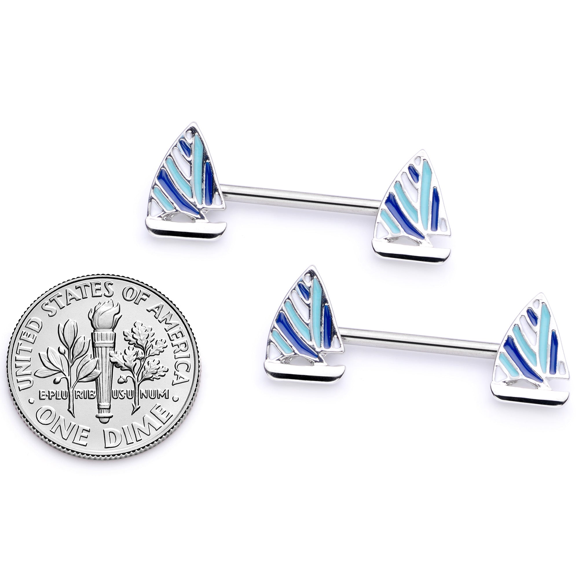 BodyCandy 14G 9/16 Blue White Nautical Sailboat Barbell Nipple Ring Set — back view
