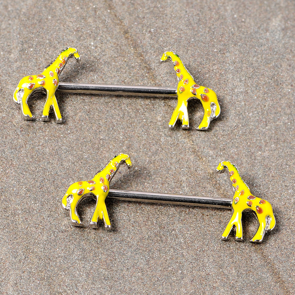 BodyCandy 14G 9/16 Brown Yellow Giraffe Barbell Nipple Ring Set — detail close-up