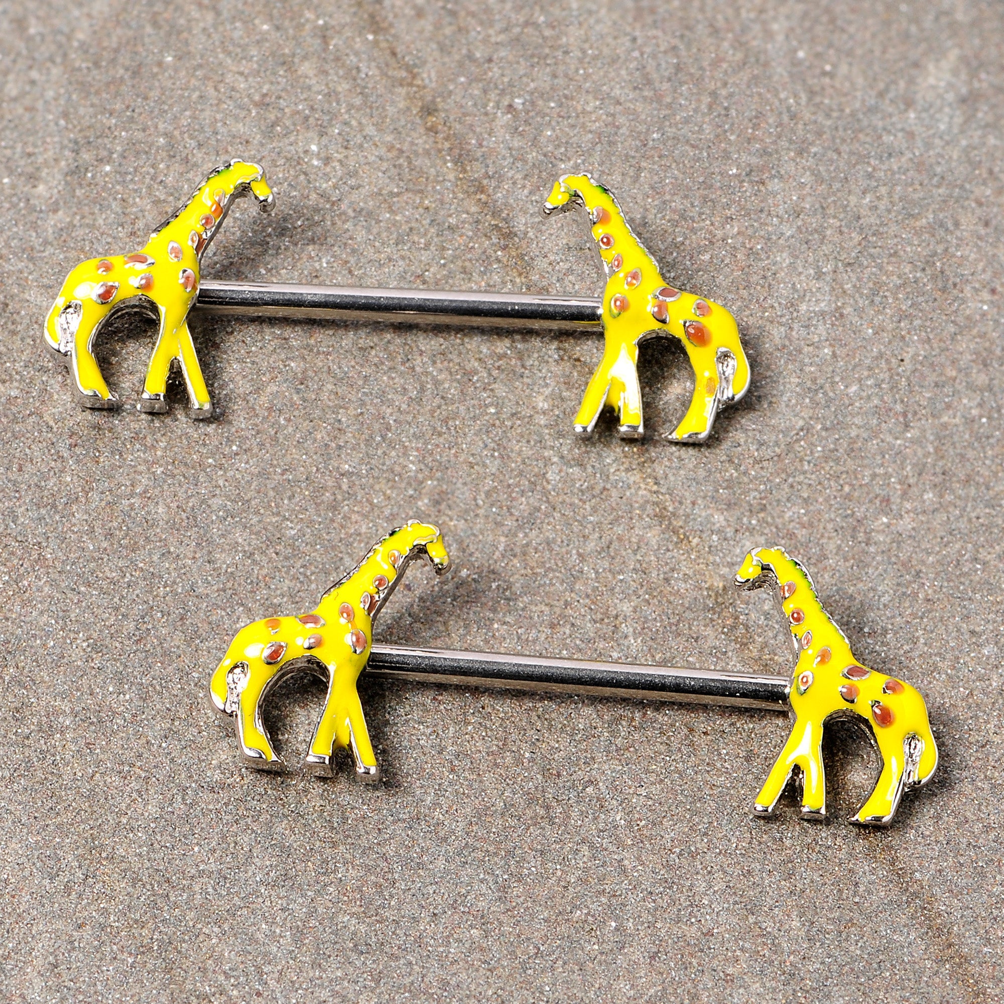 BodyCandy 14G 9/16 Brown Yellow Giraffe Barbell Nipple Ring Set — detail close-up
