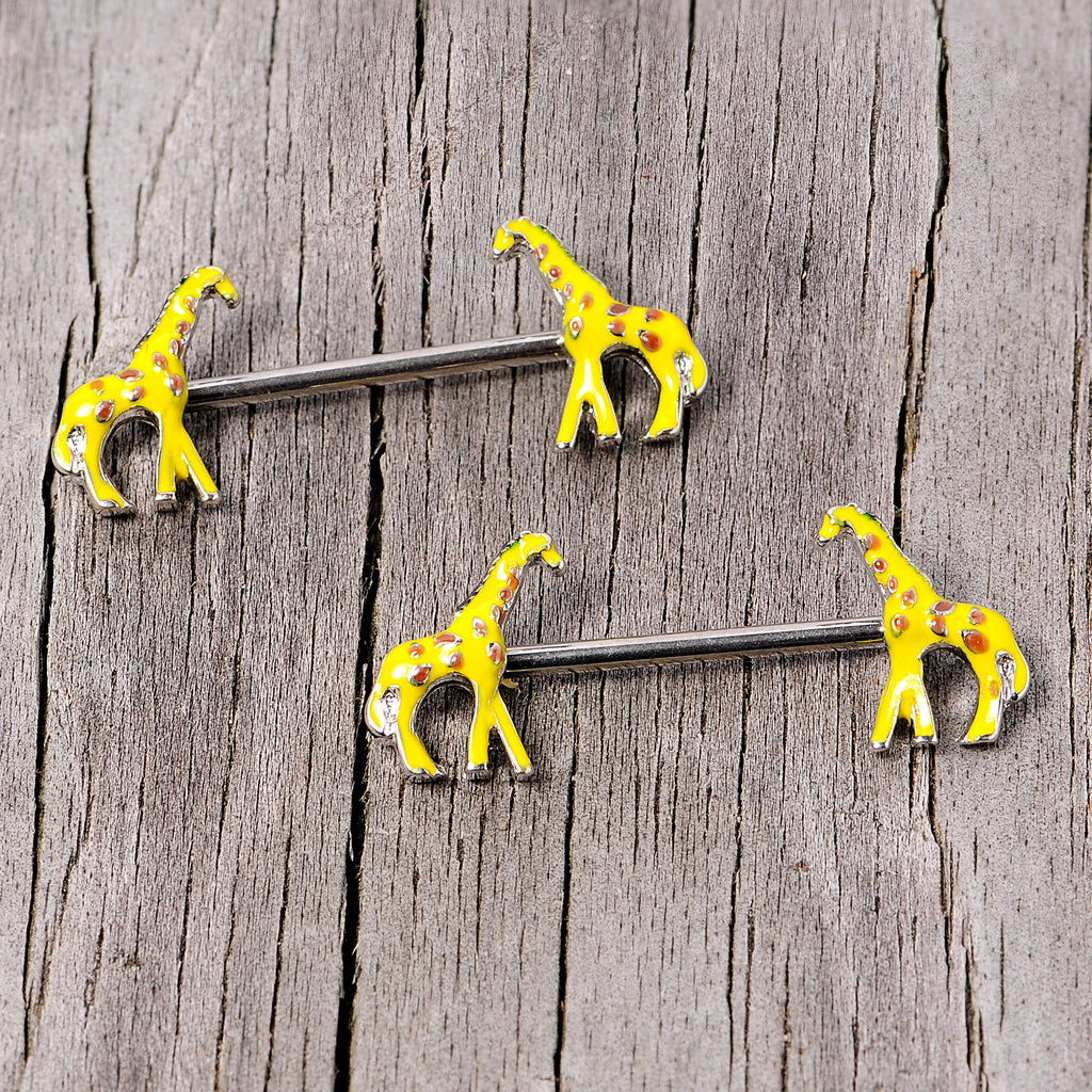 BodyCandy 14G 9/16 Brown Yellow Giraffe Barbell Nipple Ring Set — side view