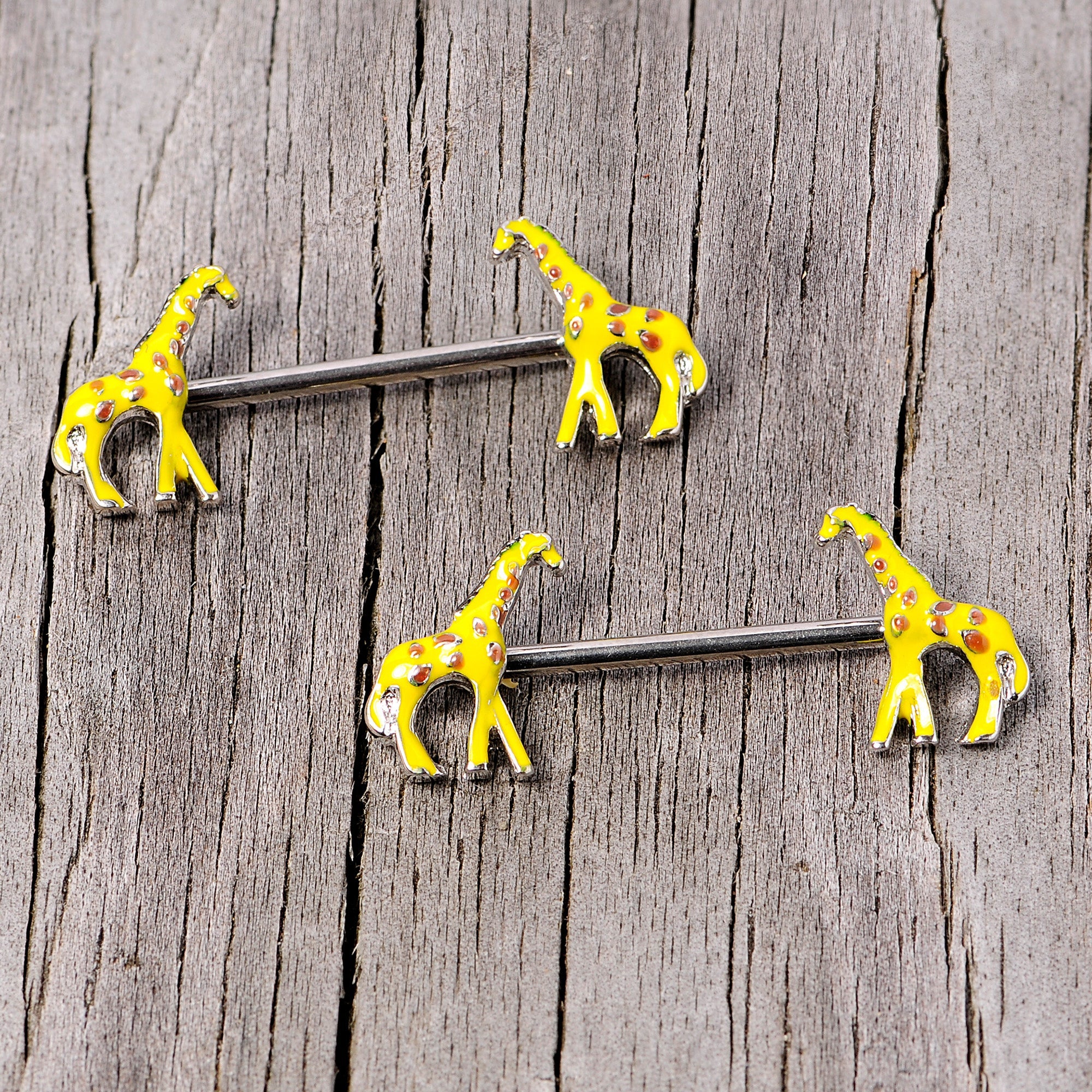 BodyCandy 14G 9/16 Brown Yellow Giraffe Barbell Nipple Ring Set — side view
