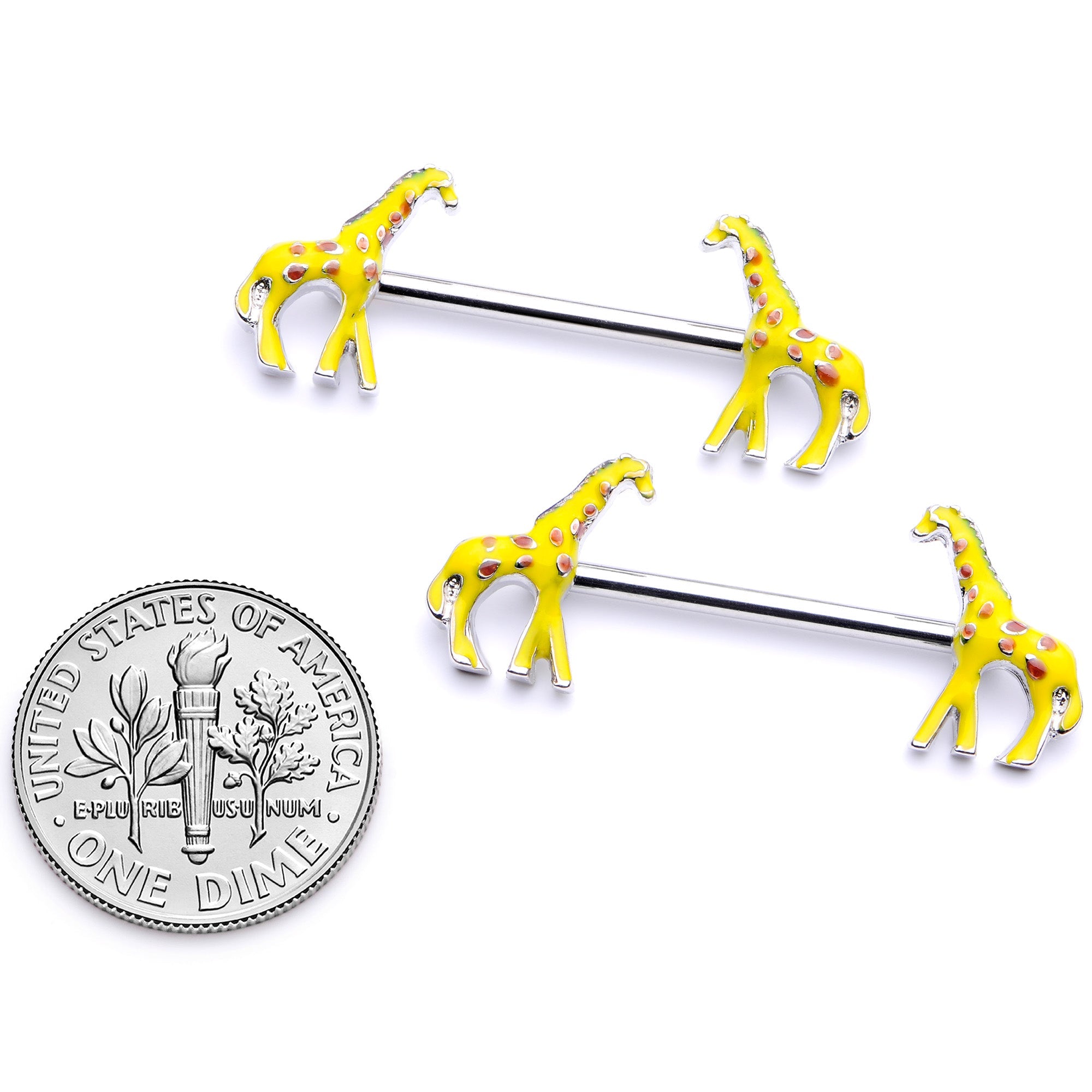 BodyCandy 14G 9/16 Brown Yellow Giraffe Barbell Nipple Ring Set — back view