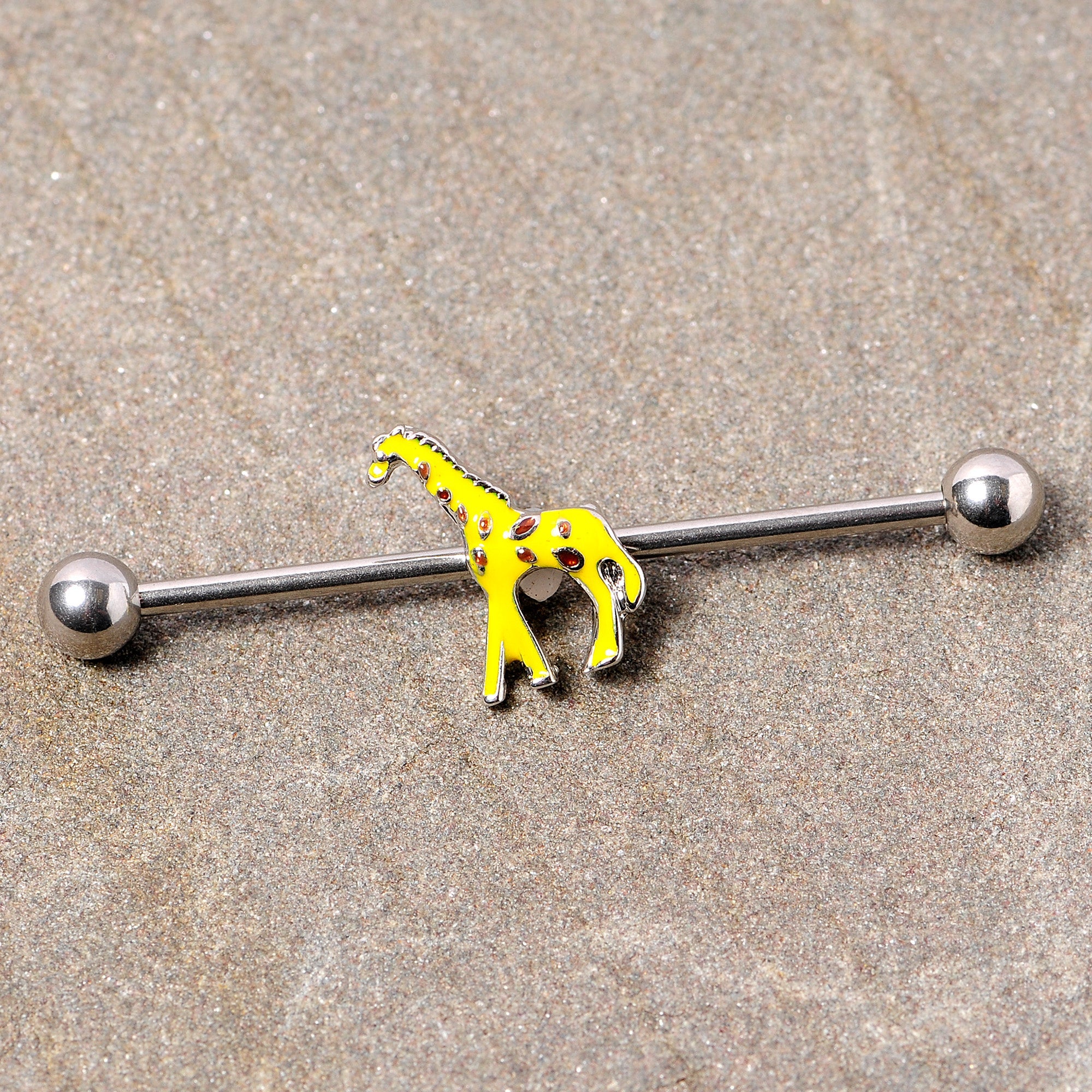 BodyCandy 14G Yellow Brown Giraffe Industrial Barbell 38mm — detail close-up
