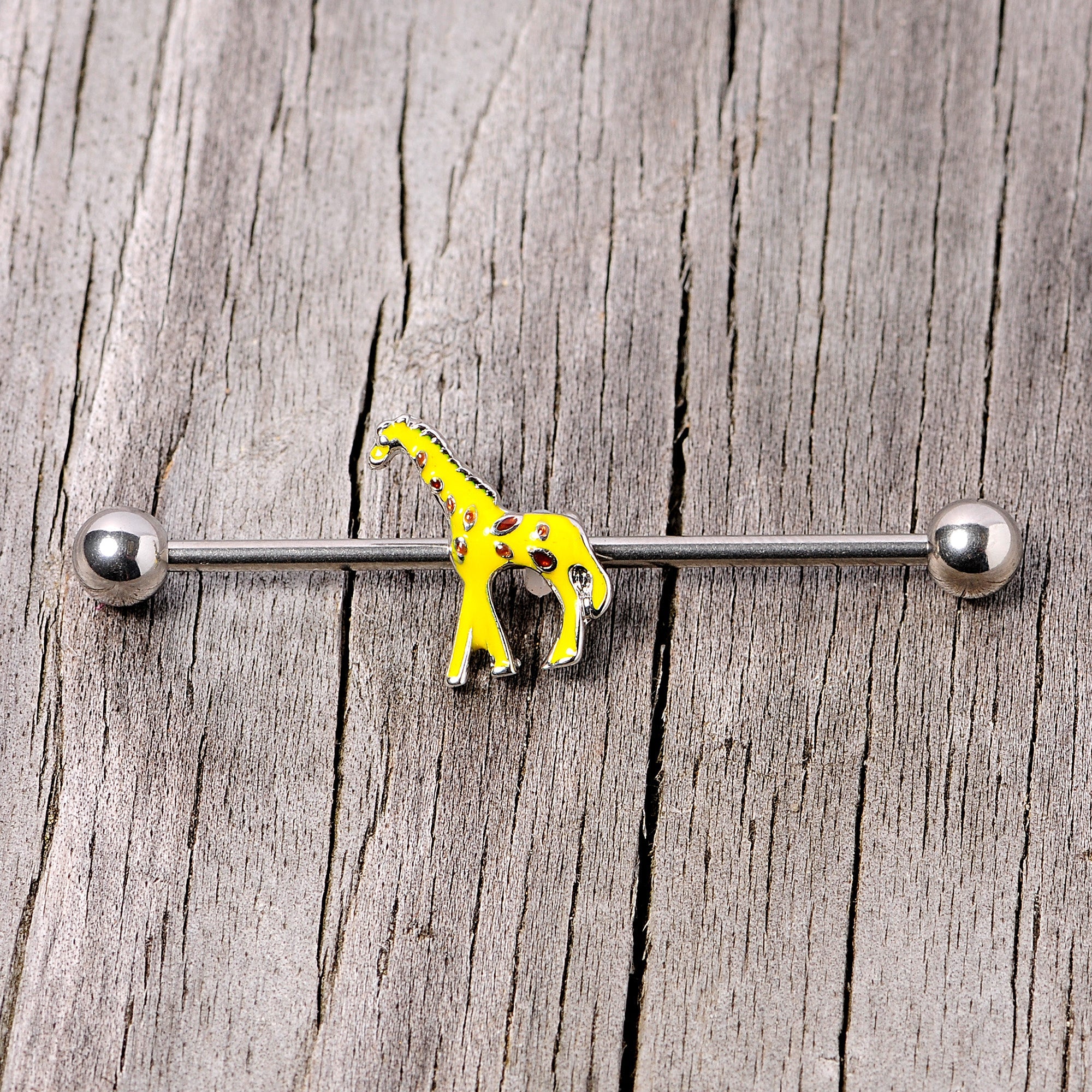BodyCandy 14G Yellow Brown Giraffe Industrial Barbell 38mm — lifestyle context