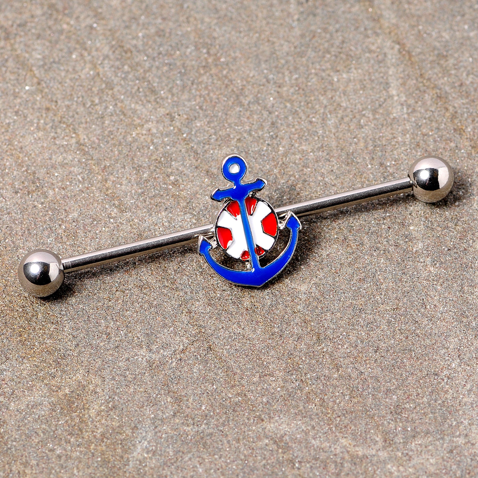 BodyCandy 14G Blue Red Life Ring Anchor Nautical Industrial Barbell 38mm — detail close-up