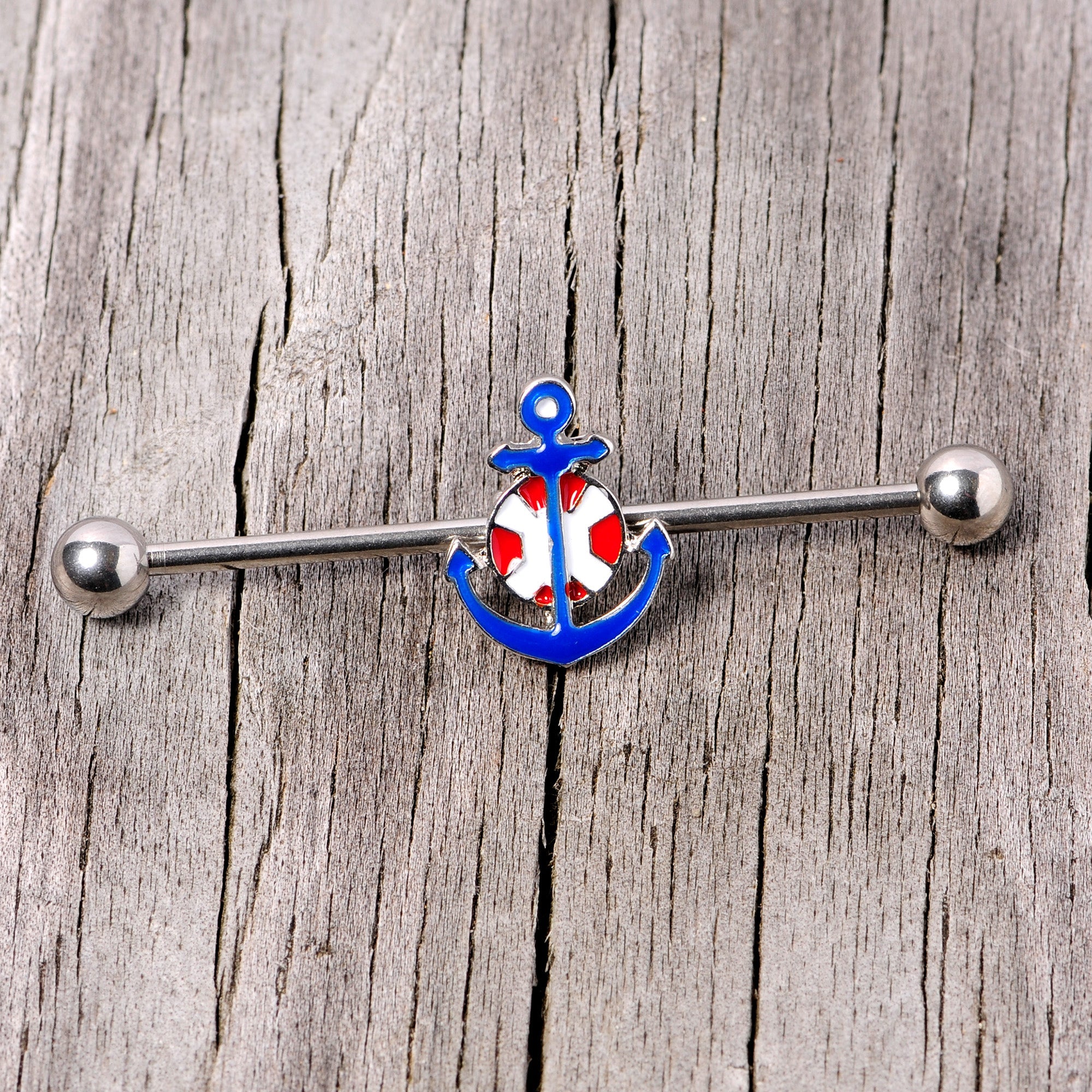 BodyCandy 14G Blue Red Life Ring Anchor Nautical Industrial Barbell 38mm — side view