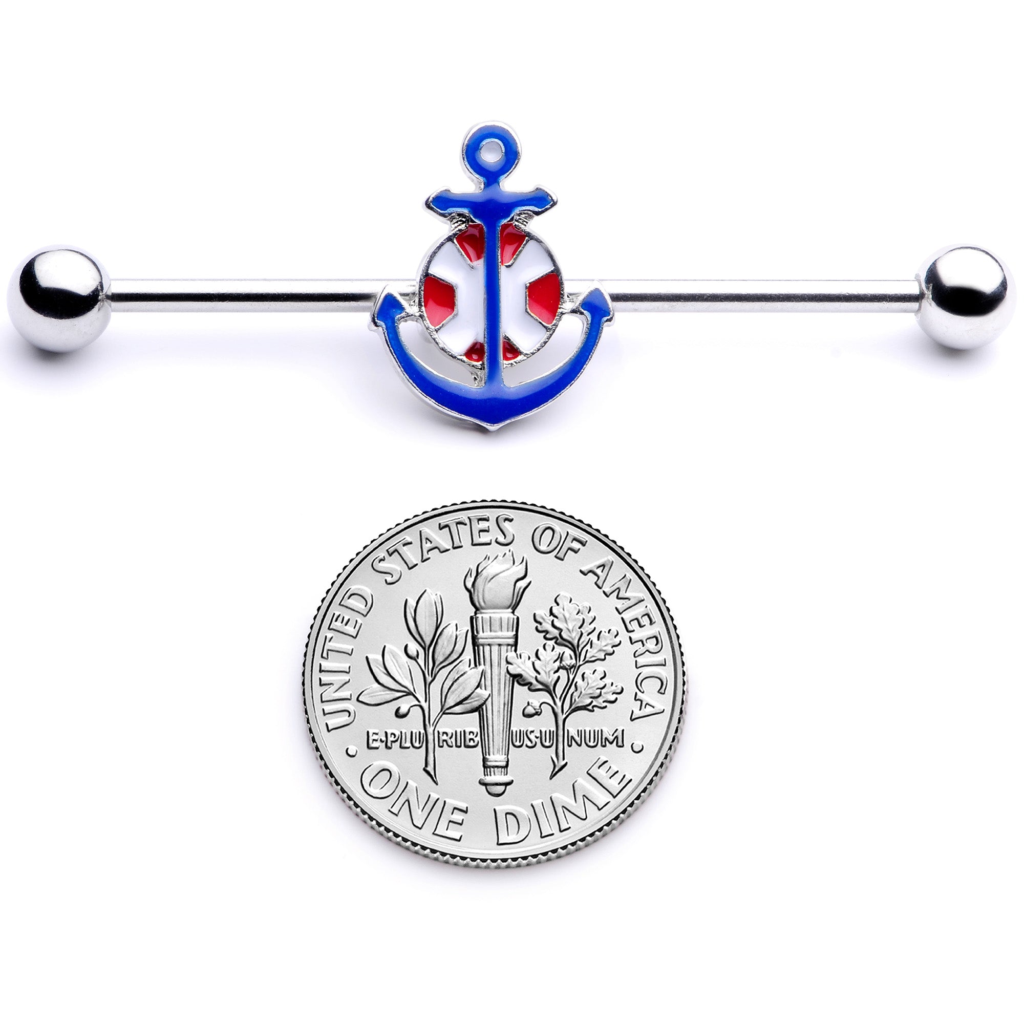 BodyCandy 14G Blue Red Life Ring Anchor Nautical Industrial Barbell 38mm — back view