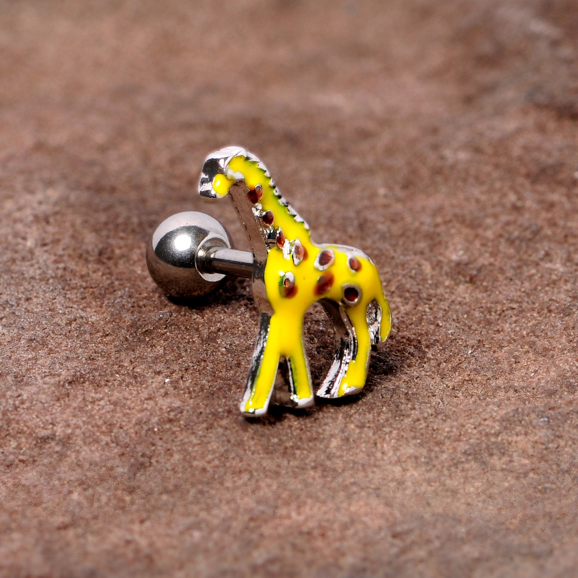 BodyCandy 16G 1/4 Brown Yellow Giraffe Cartilage Tragus Earring — detail close-up